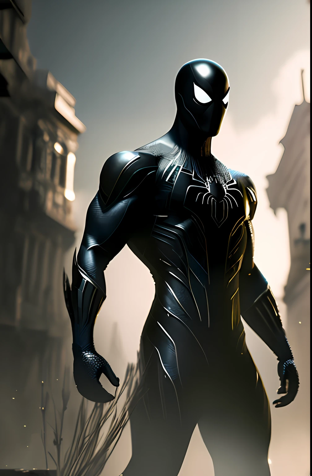 (8k, foto RAW, melhor qualidade, obra-prima: 1.2), ultra detalhado, arte oficial, foto-realista: 1.37, Spidey, Black suit, Spider in the center of the black chest, Organic-looking clothes, symbiote, blackigeyes, fine art, PS5 movie screenshot, Highly detailed detailed movie rendering, ultra photorealistic raytricing, Pose with cinematic lighting de ação