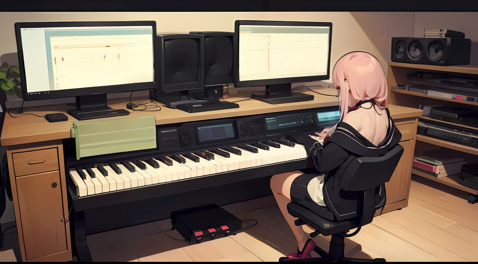 Music Production Room　Computer Desk　Note PC　Monitor Speaker　Electronic Piano　pastels　Girl with her back turned