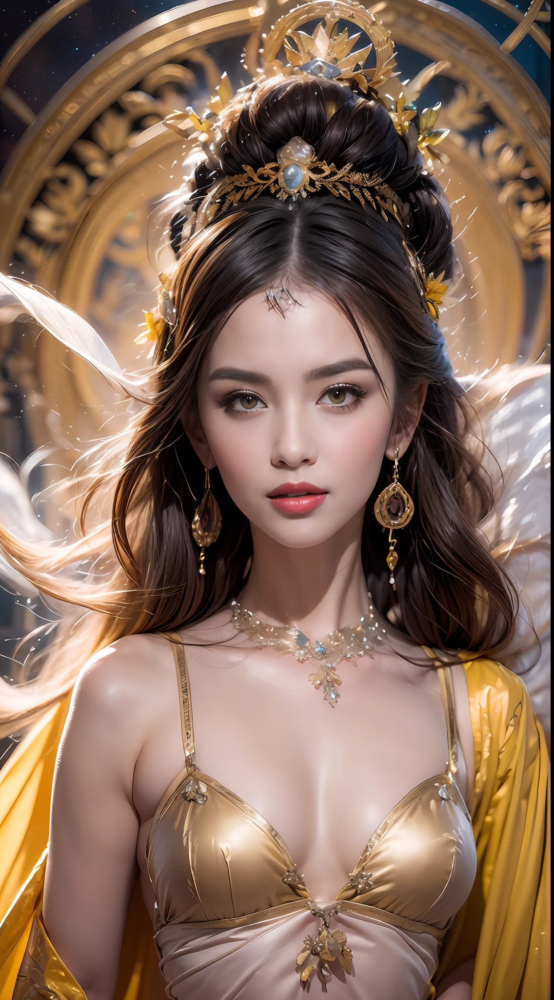 A lustful beautiful saint is fucking, showing off her topless breasts, her beautiful face is flawless, ((Natural smile:1.0)), ((flat bangs:1.2)), (((long hair)) : platinum:0.8 ))) big crown, hair brooch, hanfu skirt, fanciful hanfu style, full body jewelry, forehead tattoo, super flat chest, woman face, face makeup fine delicate, beautiful face, (((including porcelain teeth: 0.8), most beautiful and detailed light red lipstick, huge breasts, super round and balanced, (((Full and thin lips: 0.3) )), ((Yellow eye color: 1,2), Detailed and delicate lighting effects, light and dark, light impression, magical light, detailed light, true color, super sharp, realistic, quality 8k volume, fanciful cosmic background, saintess and fanciful space, the most detailed image, ((Solo:0.3)), ((holy goddess:0.6)), (( look at). straight to the body top of saintess:0.4)), upper body, ((smooth skin:0.5)), ((solo:1.3)), ((( alone girl : 1.3)), saint portrait, short photo, Full body portrait, (((open mouth:0.6))), Digital reality, ((fanky red smoke effect:1.2)),