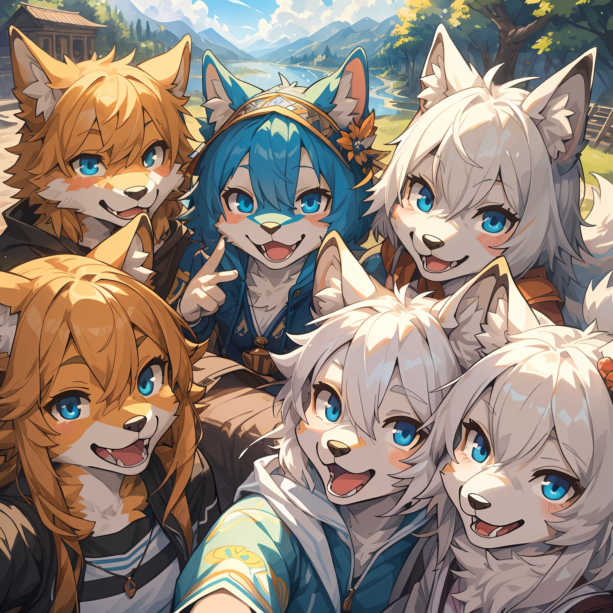 top quality, best quality, High-quality illustrations, masterpiece, super high resolution, detailed background, detailed background, World Heritage Site, 6+boys, 6+girls, Happy, joyful, absurdres(highly detailed beautiful face and eyes)perfect anatomy(Photos taken with friends)(kemono, furry anthro)selfie,