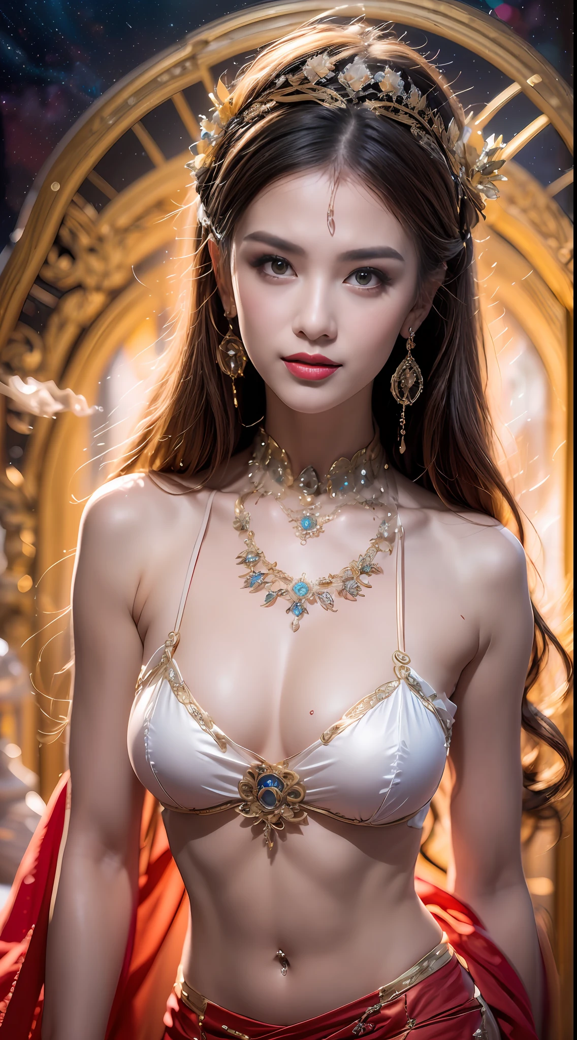 A lustful beautiful saint is fucking, showing off her topless breasts, her beautiful face is flawless, ((Natural smile:1.0)), ((flat bangs:1.2)), (((long hair)) : platinum:0.8 ))) big crown, hair brooch, hanfu skirt, fanciful hanfu style, full body jewelry, forehead tattoo, super flat chest, woman face, face makeup fine delicate, beautiful face, (((including porcelain teeth: 0.8), most beautiful and detailed light red lipstick, huge breasts, super round and balanced, (((Full and thin lips: 0.3) )), ((Yellow eye color: 1,2), Detailed and delicate lighting effects, light and dark, light impression, magical light, detailed light, true color, super sharp, realistic, quality 8k volume, fanciful cosmic background, saintess and fanciful space, the most detailed image, ((Solo:0.3)), ((holy goddess:0.6)), (( look at). straight to the body top of saintess:0.4)), upper body, ((smooth skin:0.5)), ((solo:1.3)), ((( alone girl : 1.3)), saint portrait, short photo, Full body portrait, (((open mouth:0.6))), Digital reality, ((fanky red smoke effect:1.2)),