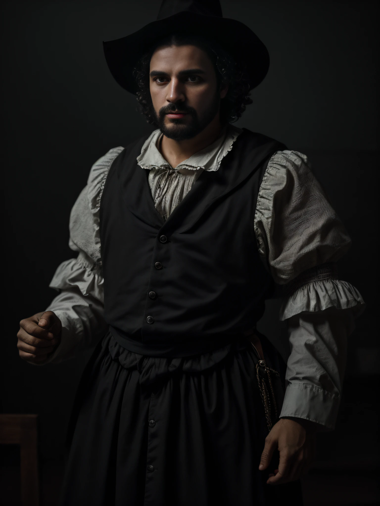 retrato fotorrealista impressionante, 17th-century Puritan man, toga preta, roupa preta, (8k, Foto RAW, melhor qualidade), (Realistic) ultra-detalhado, beautiful dynamic dramatic dark moody lighting, Sombras, cinematic atmospheric, fotografia, biblioteca, academic