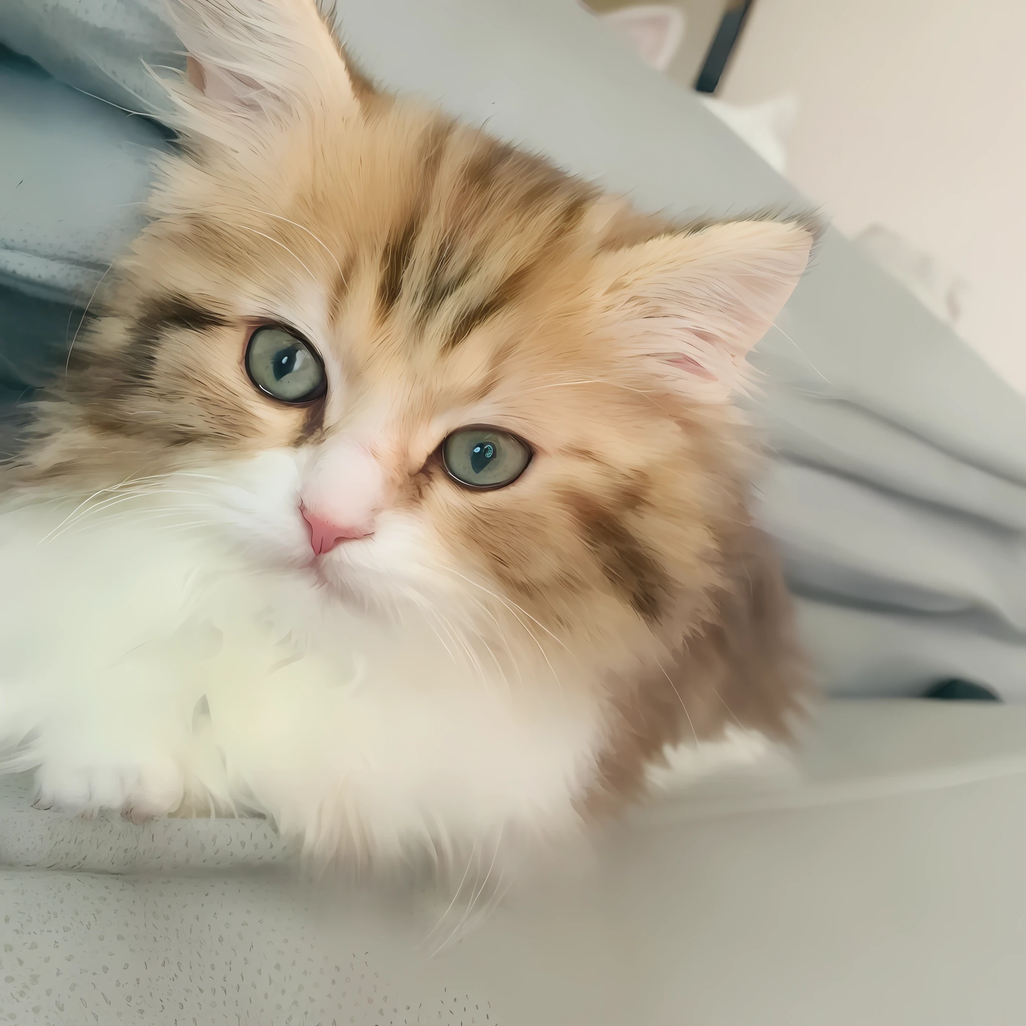 there is a cat that is laying down on a bed,There were blankets, with cute doting eyes, a cute little cat, cute cat photo, A cute cat, fluffy face, The cat is fluffy, Cute cat, closeup of an adorable, portrait of a kitten, Cute kitten, the cutest kitten ever, Furry cat, cartoonish style