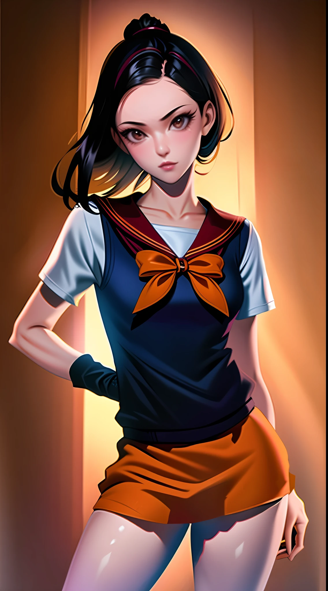 Girl in the middle shot, beautiful face 20yo girl, delicate hands, SV1, sailor senshi uniform, orange skirt, elbow gloves, tiara, orange sailor collar, red bow, orange necklace, white gloves, jewelry, flying in the air, in the sky, moody lighting, (sharp focus, eye focus, masterpiece, best quality, realistic detail, clear image, realistic, high resolution)
