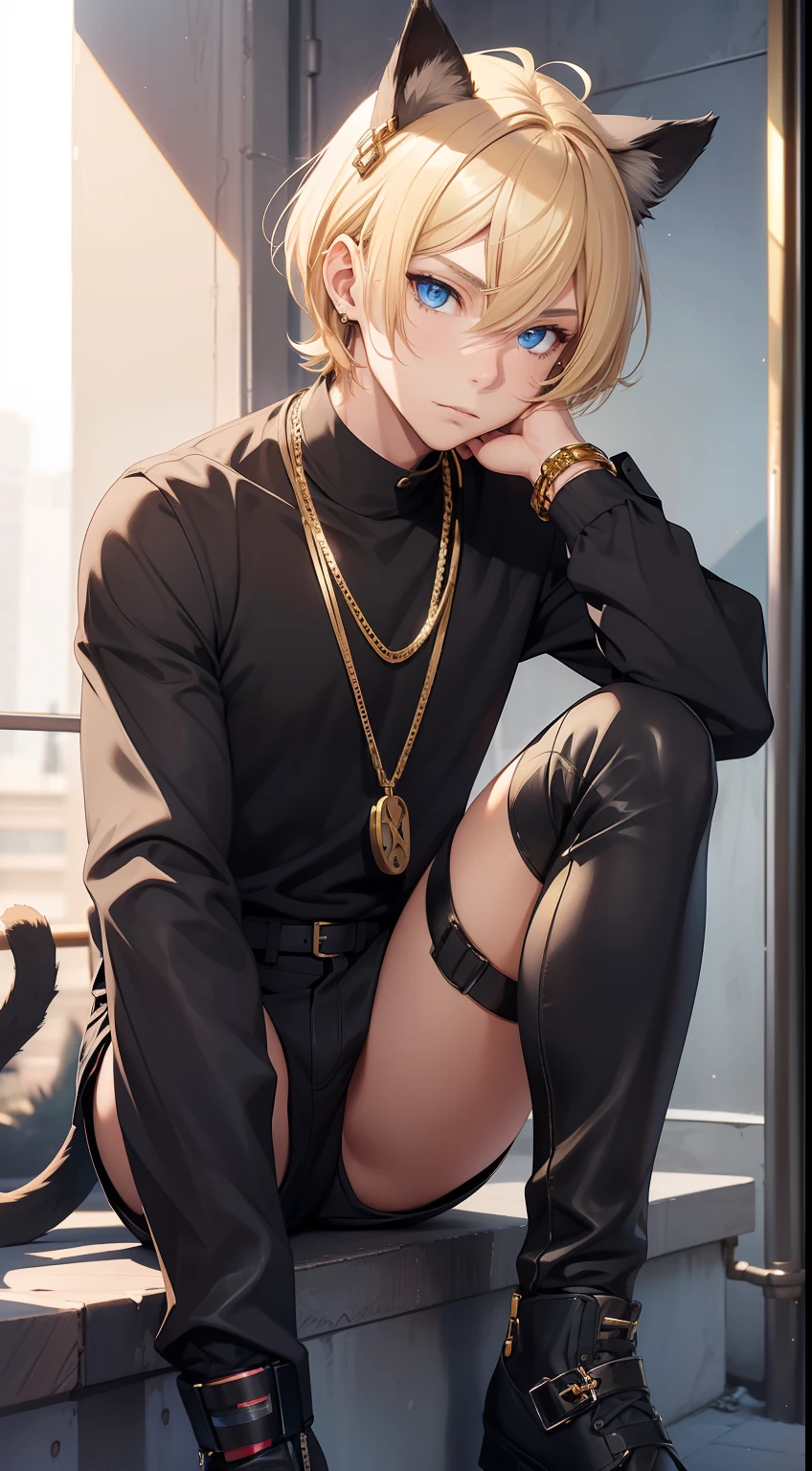 young boy, blonde hair, Bob hairstyle, blue eyes, black skintight clothes, Gold Chains, Cat's ears, Masterpiece, hiquality