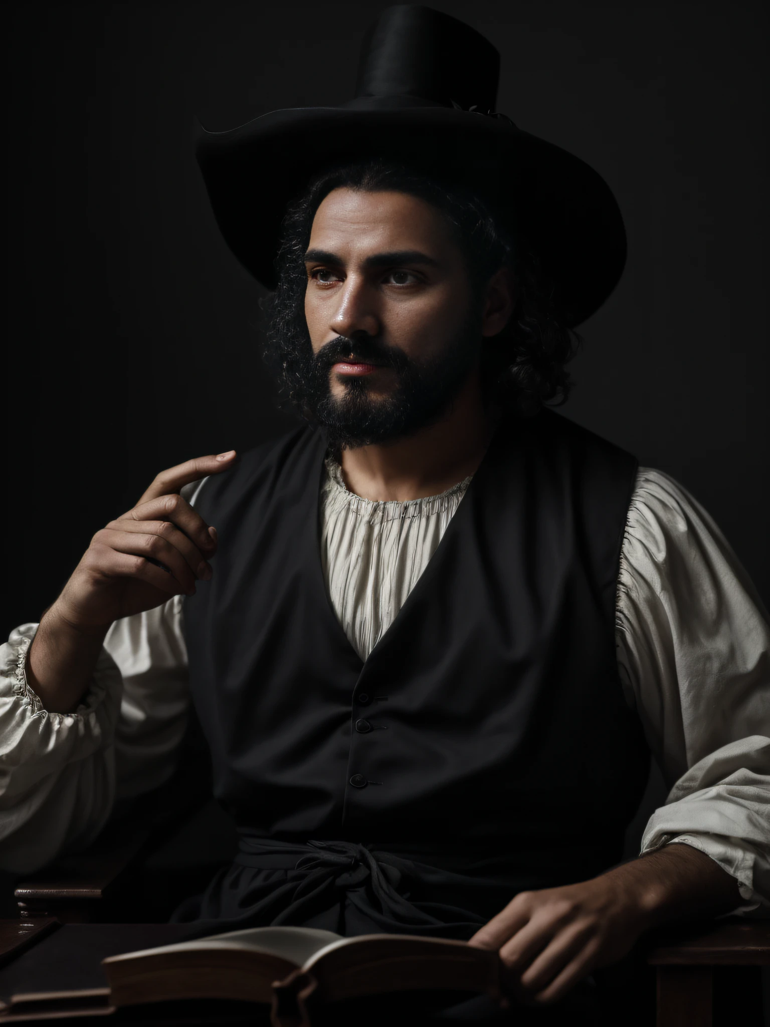 retrato fotorrealista impressionante, 17th-century Puritan man, toga preta, roupa preta, (8k, Foto RAW, melhor qualidade), (Realistic) ultra-detalhado, beautiful dynamic dramatic dark moody lighting, Sombras, cinematic atmospheric, fotografia, biblioteca, academic