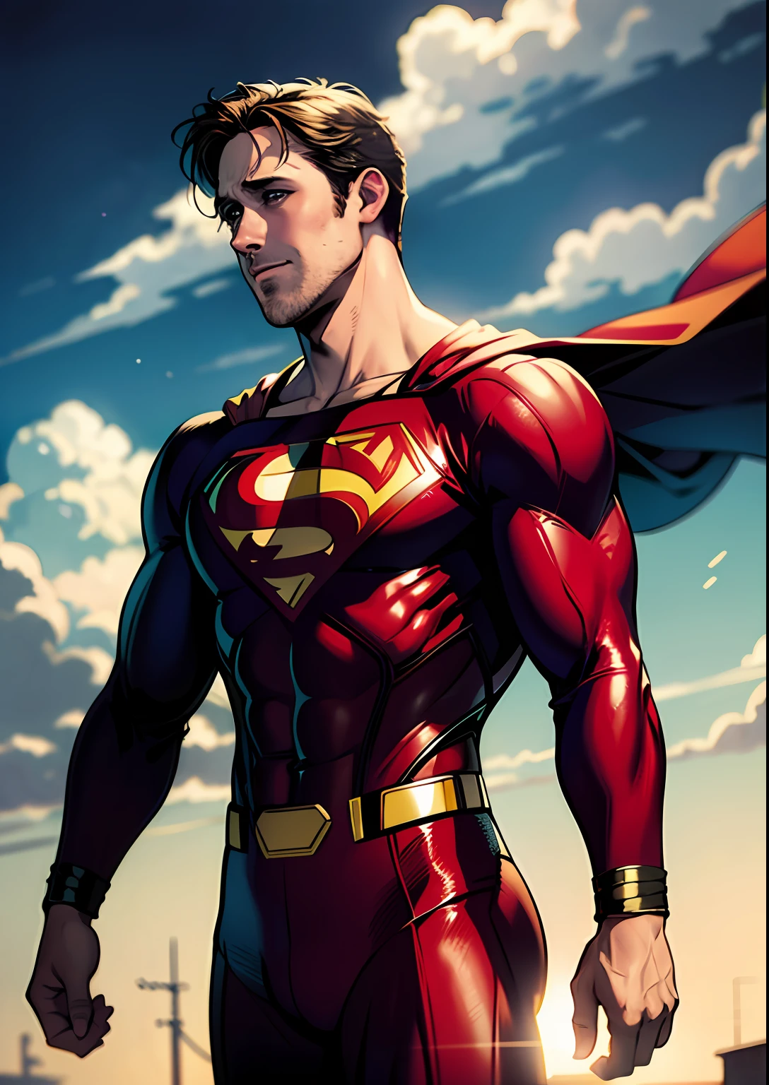 (Ryan Gosling as Superman), (art by Jim Lee) Gorgeous sky background, dramatic, a gorgeous, Award-winning, tmasterpiece,