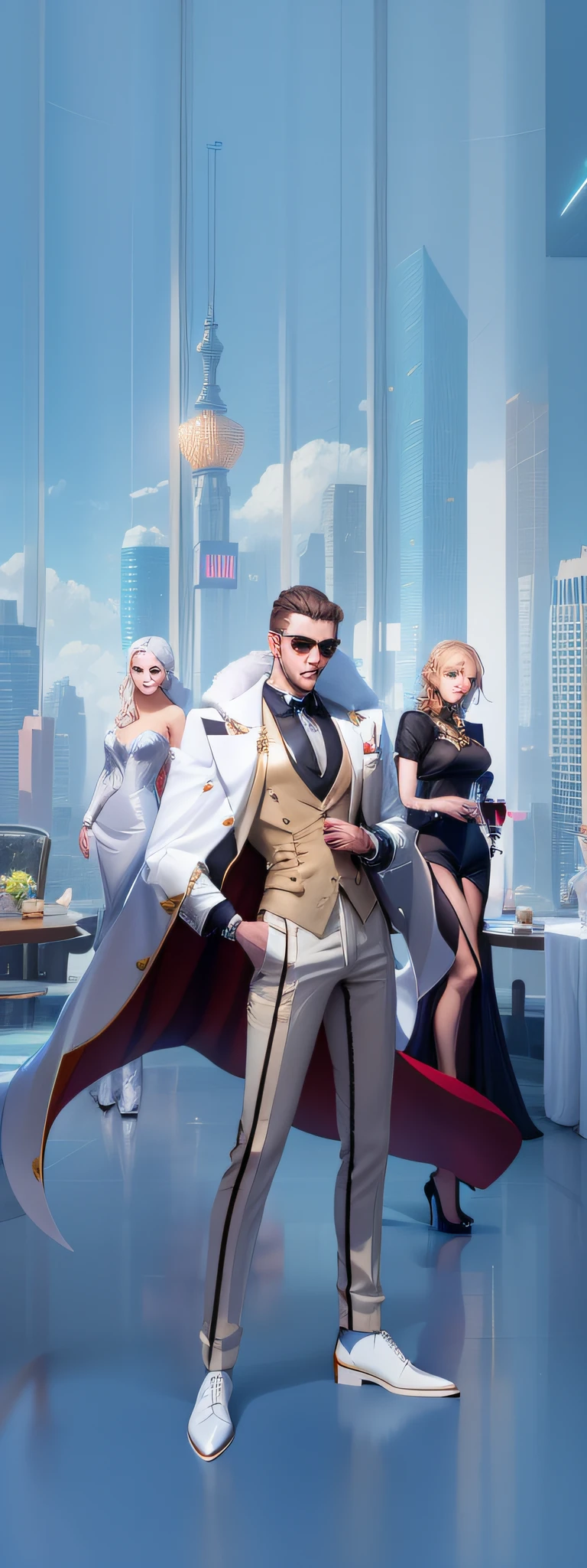 Anime characters dressed in white and black standing in the room, Sin Company skyscraper façade, super rich, rich style, neo - noir style, wearing fantasy formal clothing, style of anton fadeev, corporate boss,,Holding a wine glass in his hand,Wear a high-end watch, Two beautiful secretaries behind him, white russian clothes, Screenshot of fashion game, Gorgeous glitter elegance, neo noir style, neo - noire, The new black