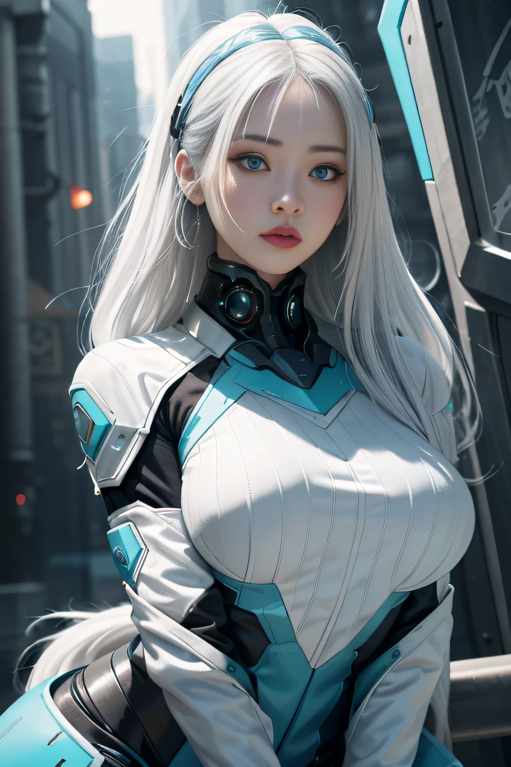 one-girl，Dressed in a sci-fi mech costume，long layered silvery white hair，A pair of turquoise eyes，An Asian face，It has an oriental atmosphere，Look slightly sideways at the front