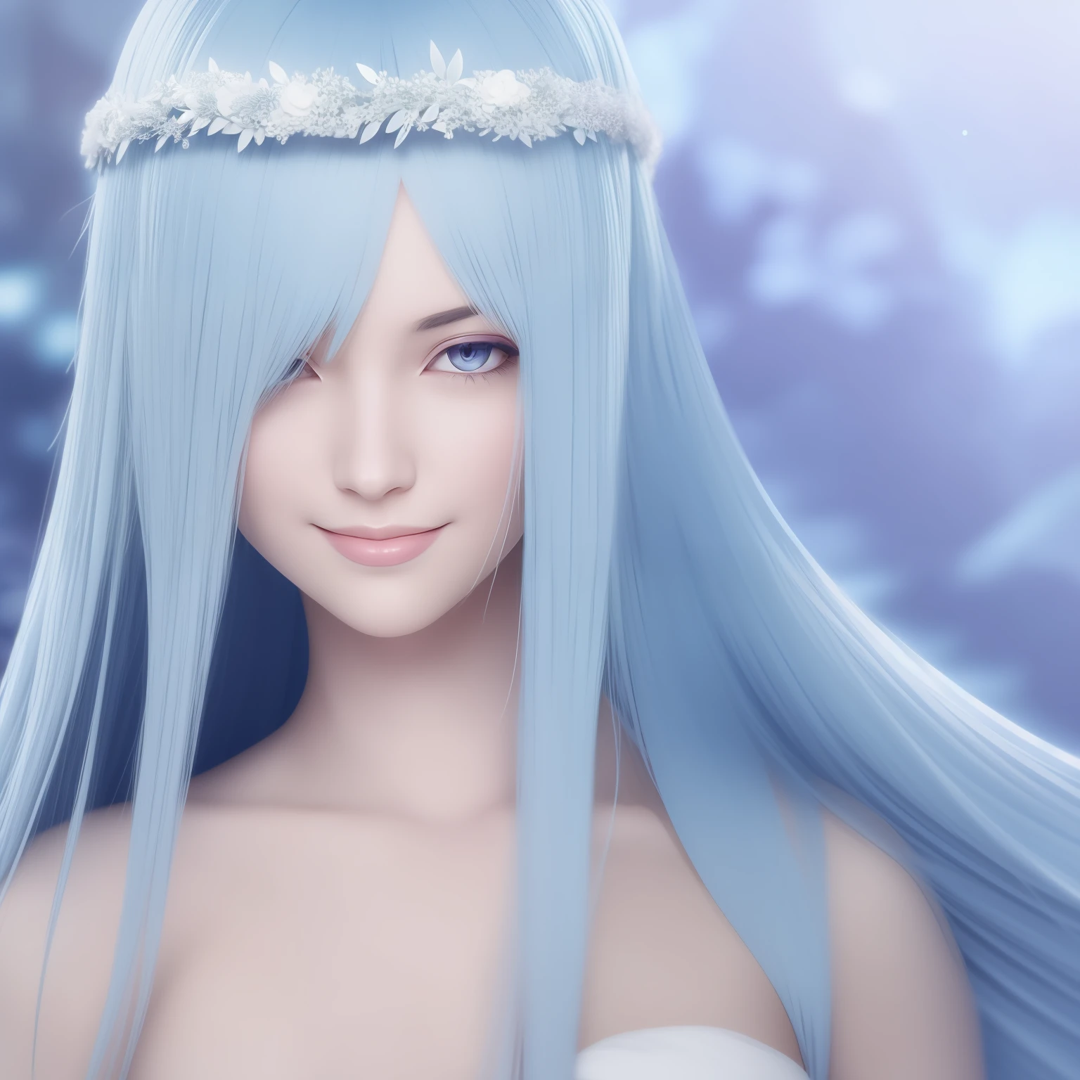 brynhildr lancer fgo,20-year old,bride,pure,dazzling smile,laurel wreath,white wedding dress,shyly pose, pretty round face,tall,very skinny,slender,light blue hair, cross-cut bangs strongly leans to the right,detailed hair