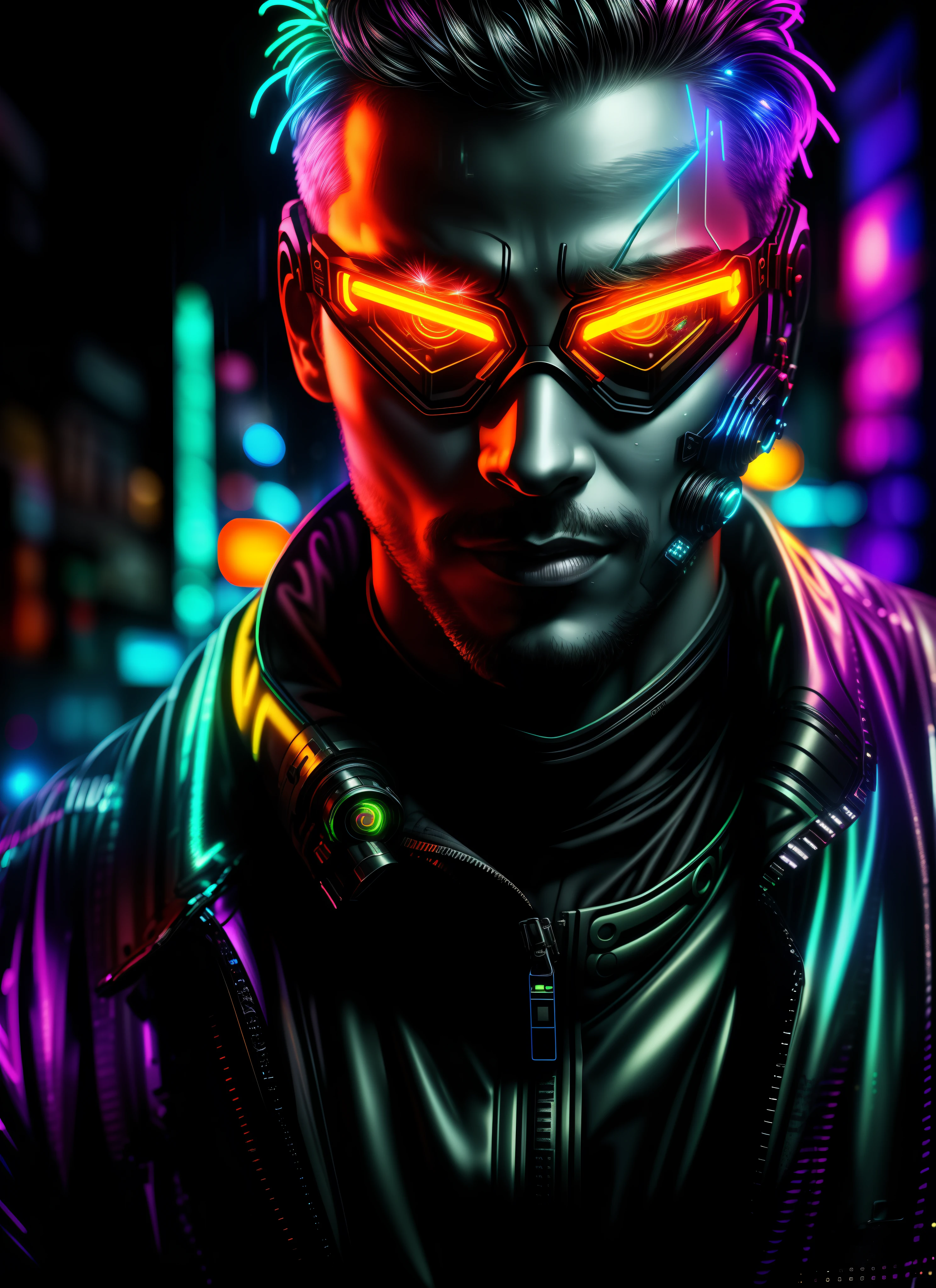 An award winning master piece photo of a cyborg man with psychedelic colors standing in a city street at night in the rain, wearing neon-colored glowing goggles, 8k, (high quality:1.1), (cinematic feeling:1.1), dark deep shadows, incredibly intricate detailing, art , (up close:1.1), from above, looking at viewer, (light sparkles:1.1), (chromatic aberration,:1.2) background with floating light artifacts