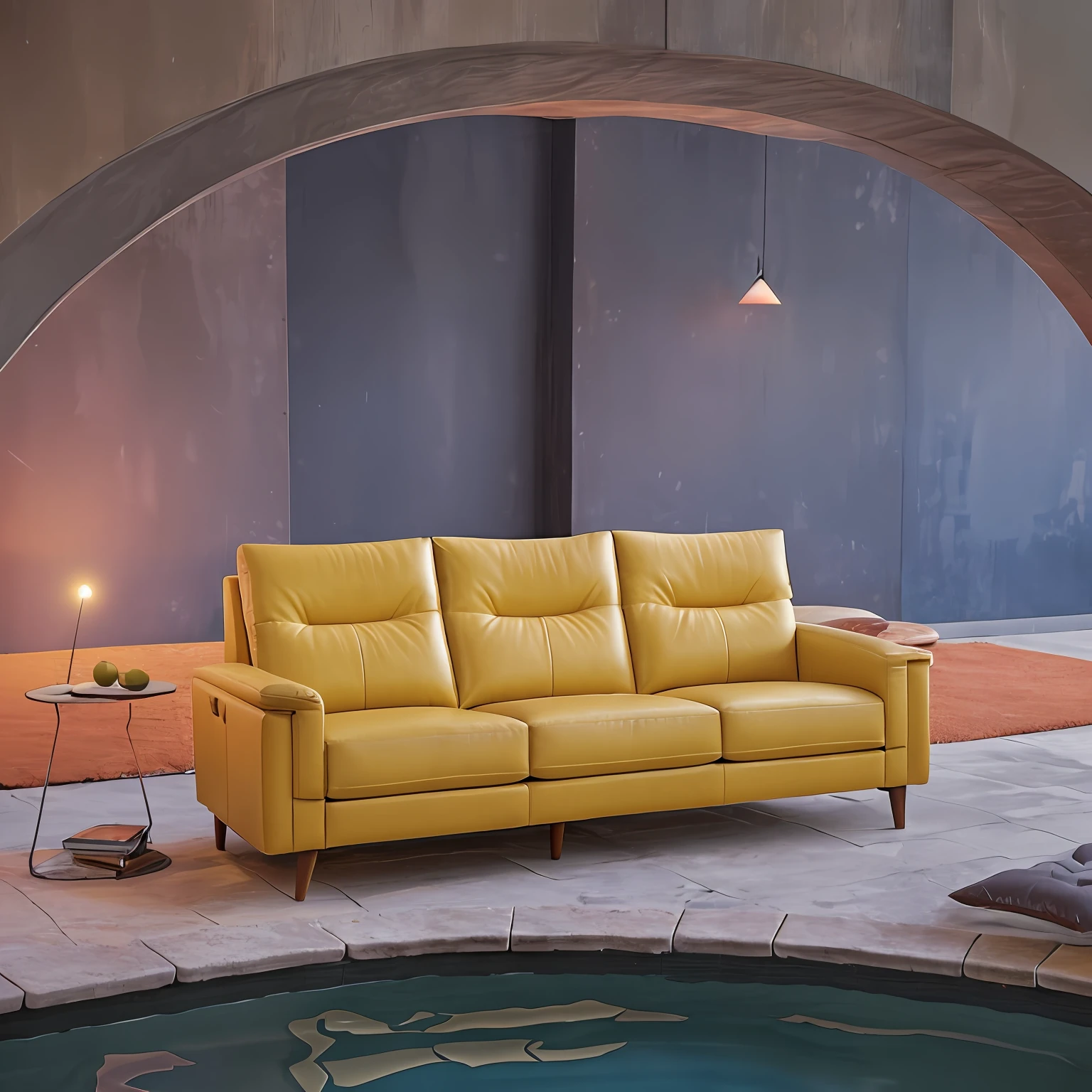 There is a sofa in the middle of the pool, couches vibrating and melting, A leather sofa, warm colored furniture, Leather sofa, sofe, relaxing on a modern couch, large couch, sofe, lounging on expensive sofa, yellow and charcoal leather, designed for cozy aesthetics!, mid - century sofa, bay window sofa, A leather sofa, luxury advertisement, advertising photograph, surreal scene, dream scenery art, Surreal style, advertisement picture, Advertising photography, sofe