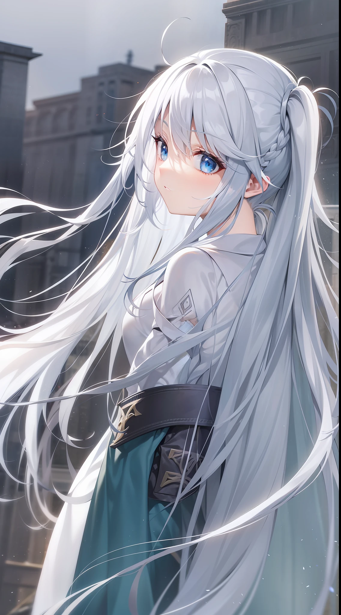 White hair, Super long, pony tails, Long hair fluttering in the wind, Blue eyes, Beautiful, Cute