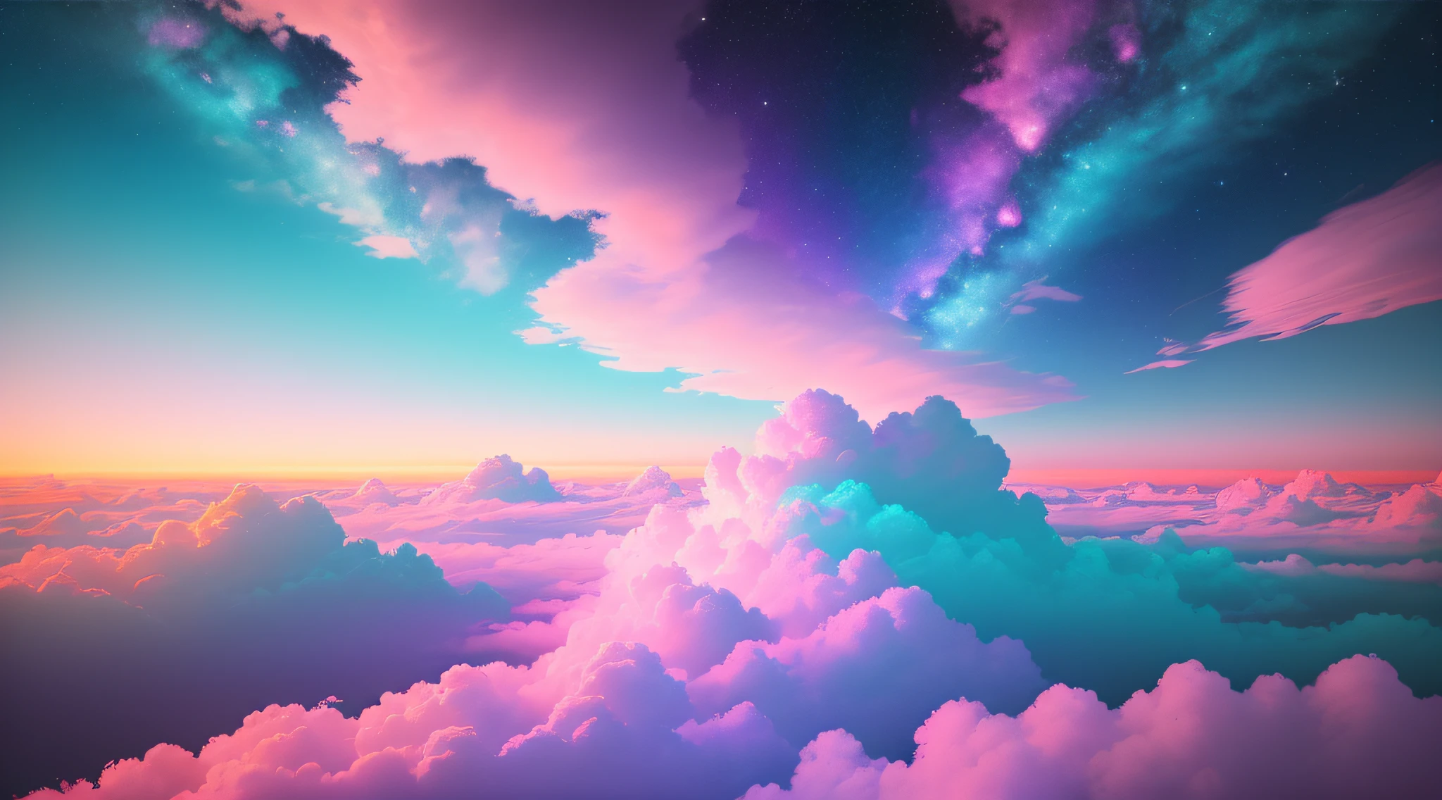 digital painting),(best quality), cotton candy sky, clouds made of bubblegum, blue, green, purple, Milky Way Galaxy inspiration, Deviant Art popular, 8k ultra-realistic, Galaxy color scheme, soft lighting, pink hour, radiant, glowing, kawaii atmosphere, landscape orientation