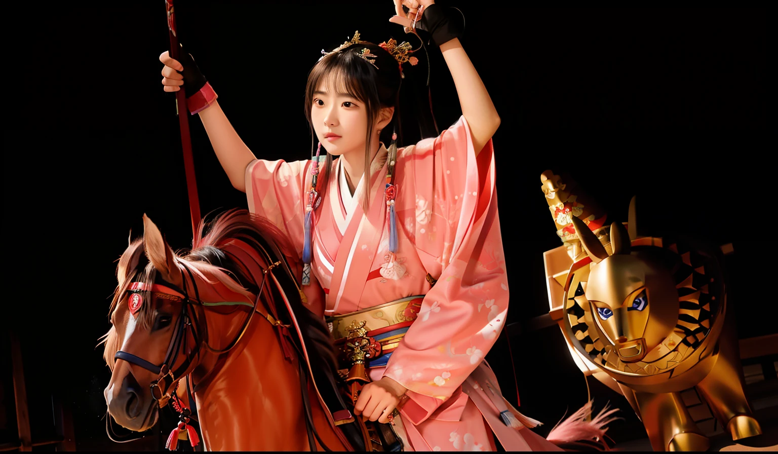 Woman in pink robe mounted on a horse with a bird on it, Uma jovem mulher como Genghis Khan, ainda de um filme live action, cena do filme live action, female samurai, japanese live-action movie, wuxia, Marco Steyerl, chinese warrior, inspired by Sawa Sekkyō, lu ji |, japanese warrior, Ehime