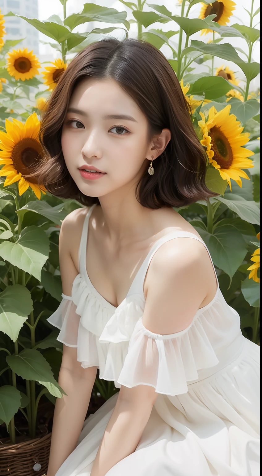 top-quality、masterpiece、Angle from above、Japan women、18year old、A dark-haired、Lustrous hair、short-cut、Straight hair、Korean Style Beauty、big eye、Double eyes、small tits、all-fours、Reach out to the front、White Ruffled Chiffon Sleeveless Top, White Tulle Maxi Skirt Dress, Mermaid Line, wicker basket bag.(Sunflowers bloom profusely)