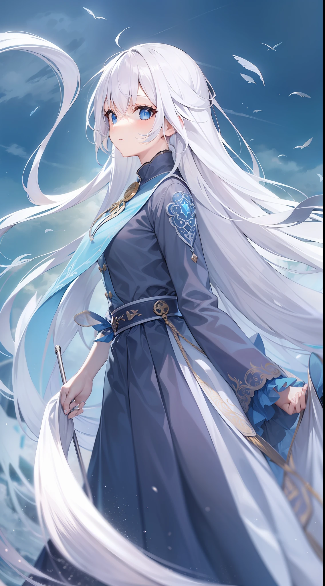 White hair, Super long, pony tails, Long hair fluttering in the wind, Blue eyes, Beautiful, Cute