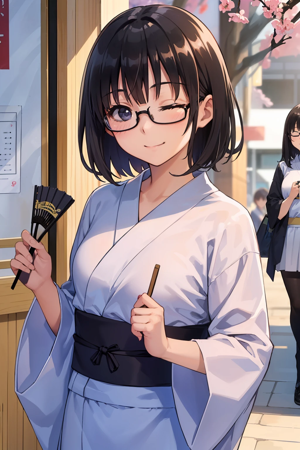 (1 Junior High School Girl、A dark-haired、short-hair、straight haired、hair adornments、eye closed、A smile、Wearing black glasses、small tits、cute  face)、​masterpiece、top-quality、Japanese Yukata、Lots of people、matsuri、Holding a fan