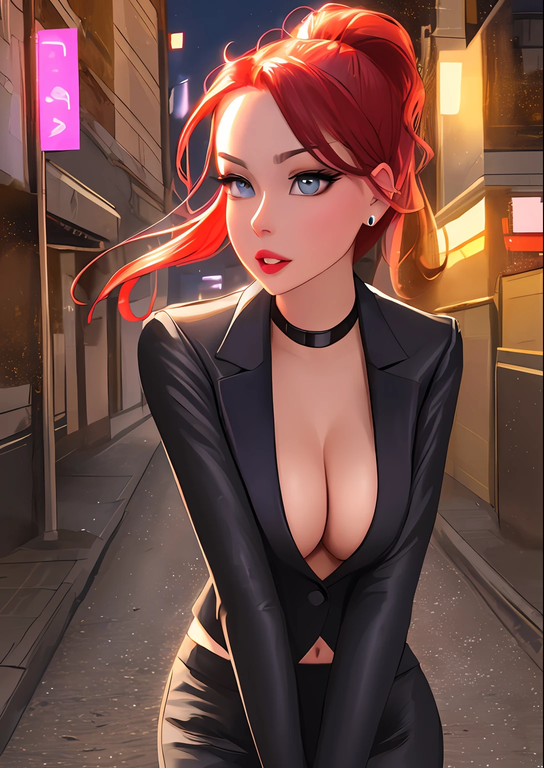 sam yang,
(dreamlikeart, redshift style, analog style:1.1), (copeseethemald style:0.5), (thepit bimbo, glossy), sexy, bimbo,portrait,

1girl, solo,
([Nina Dobrev|Emma Stone]:1.1), closeup, extreme closeup, looking at viewer, symmetric, centered,
pantsuit, business suit, elegant suit, white crop top shirt,

shinny skin, oily skin, subsurface skin scattering, shiny skin,
choker, earrings, eyelashes, eyeshadow, lips, lipstick, jewelry, makeup, nose, parted lips, navel,
beautiful detailed blue eyes, redhead,

realistic, photo-realistic, well-lit face, glowing face, face focus, see-through,
(night:1.2), dark, scary, dark city, alley, chased, danger, worried, afraid, stressed,  building, street lights, detailed background,

[(dust particle paint explosion:1.2)::0.11], (secret:0.8),