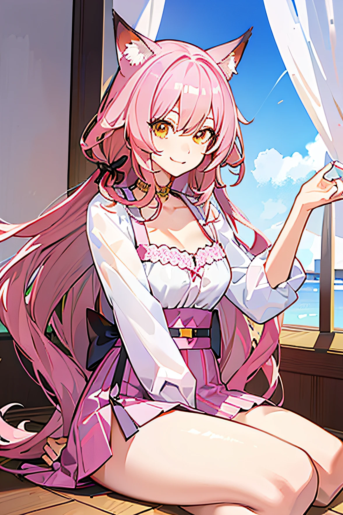 ,(Masterpiece:1.2, High quality), (Pisif:1.4),aki,:3,uwu,
jougasaki mika, 1girll, curtain grab, Pink hair, Solo, view the viewer, Curtains, Smile, Long hair, hair between eye, Yellow eyes, , parted lip, bangs, Upper body