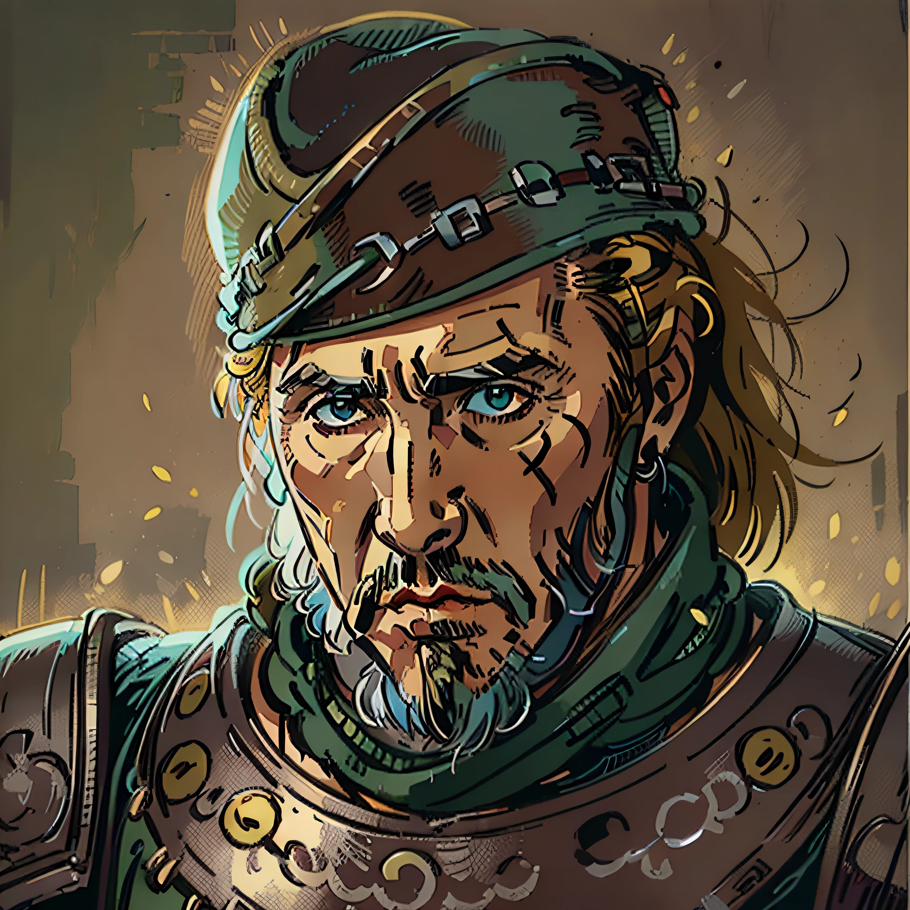 nicholas cage look a like, guard, rpg character, medieval fantasy, close up portrait