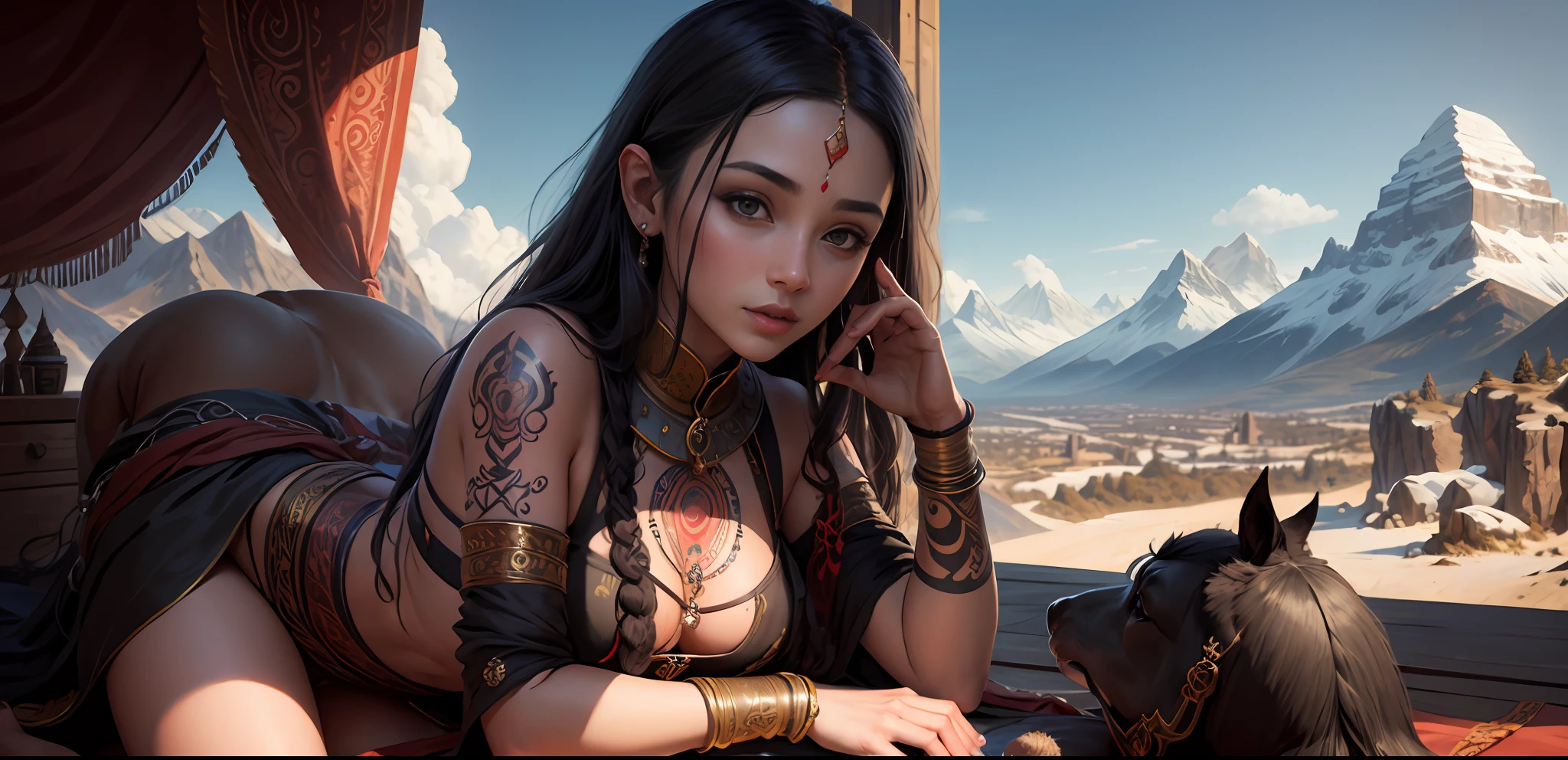 Young tantric priestess with tattoos and percings petting a horse on an ultra-detailed photorealistic mountain --auto