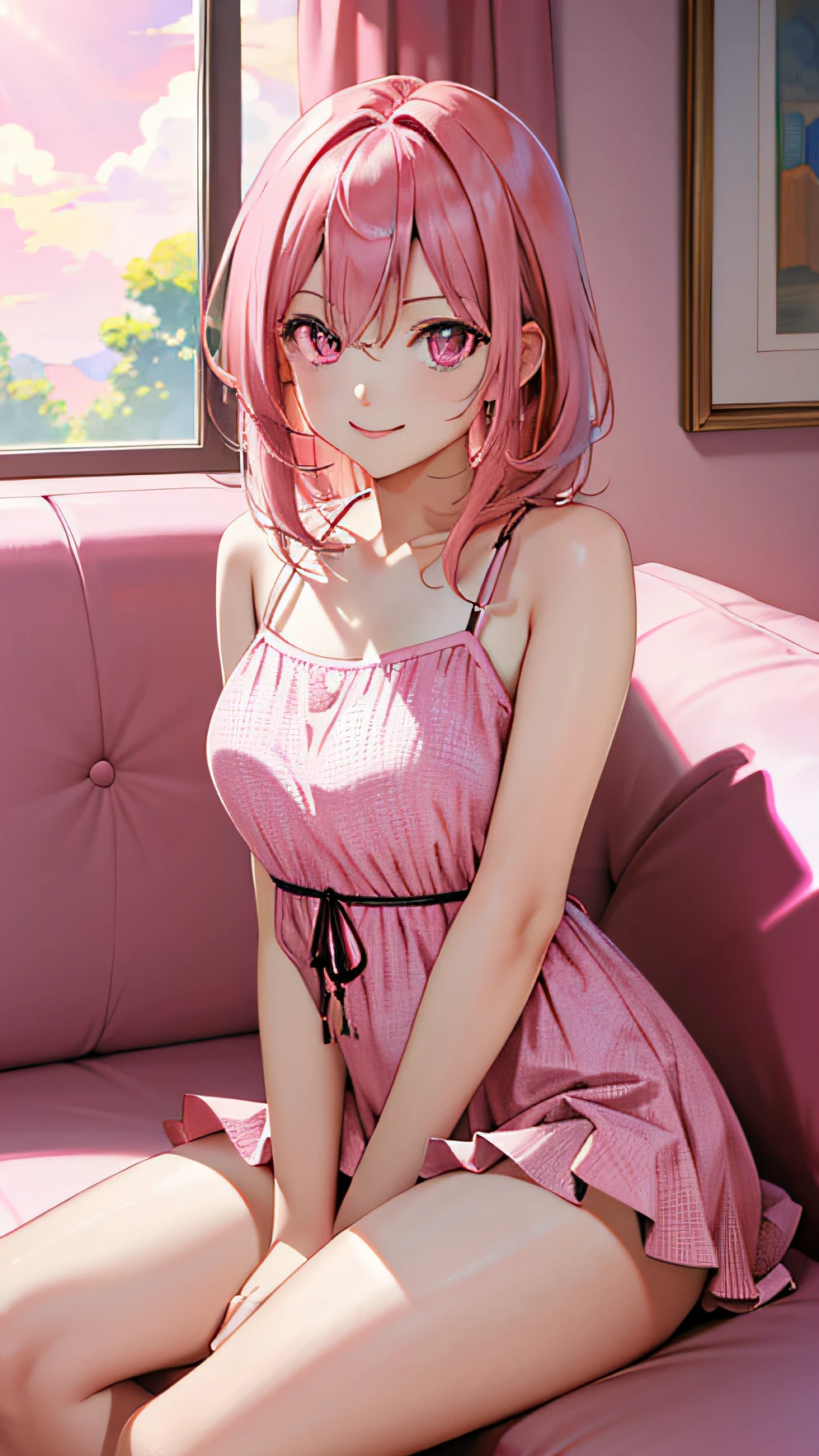 (masterpiece, best quality:1.2), (looking at viewer), happy face, pink theme, cowboy shot, sitting on sofa, indoors, sunlight, pink hair, pink eyes,