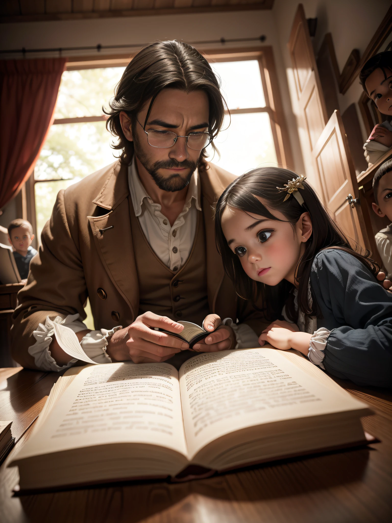 A family engrossed in reading the Bible, comprising of a father, mother, and kids, capturing the essence of an 18th century household. Award-winning photo with intricate details, boasting high resolution, clarity, and excellent lighting.