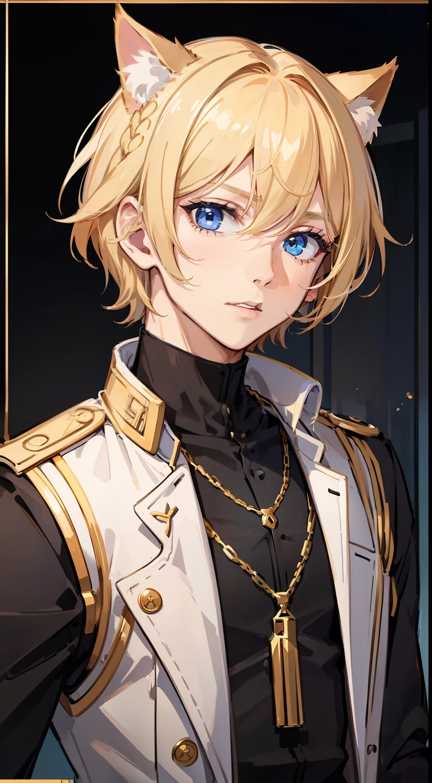 young boy, blonde hair, Bob hairstyle, blue eyes, black skintight clothes, Gold Chains, Cat's ears, Masterpiece, hiquality