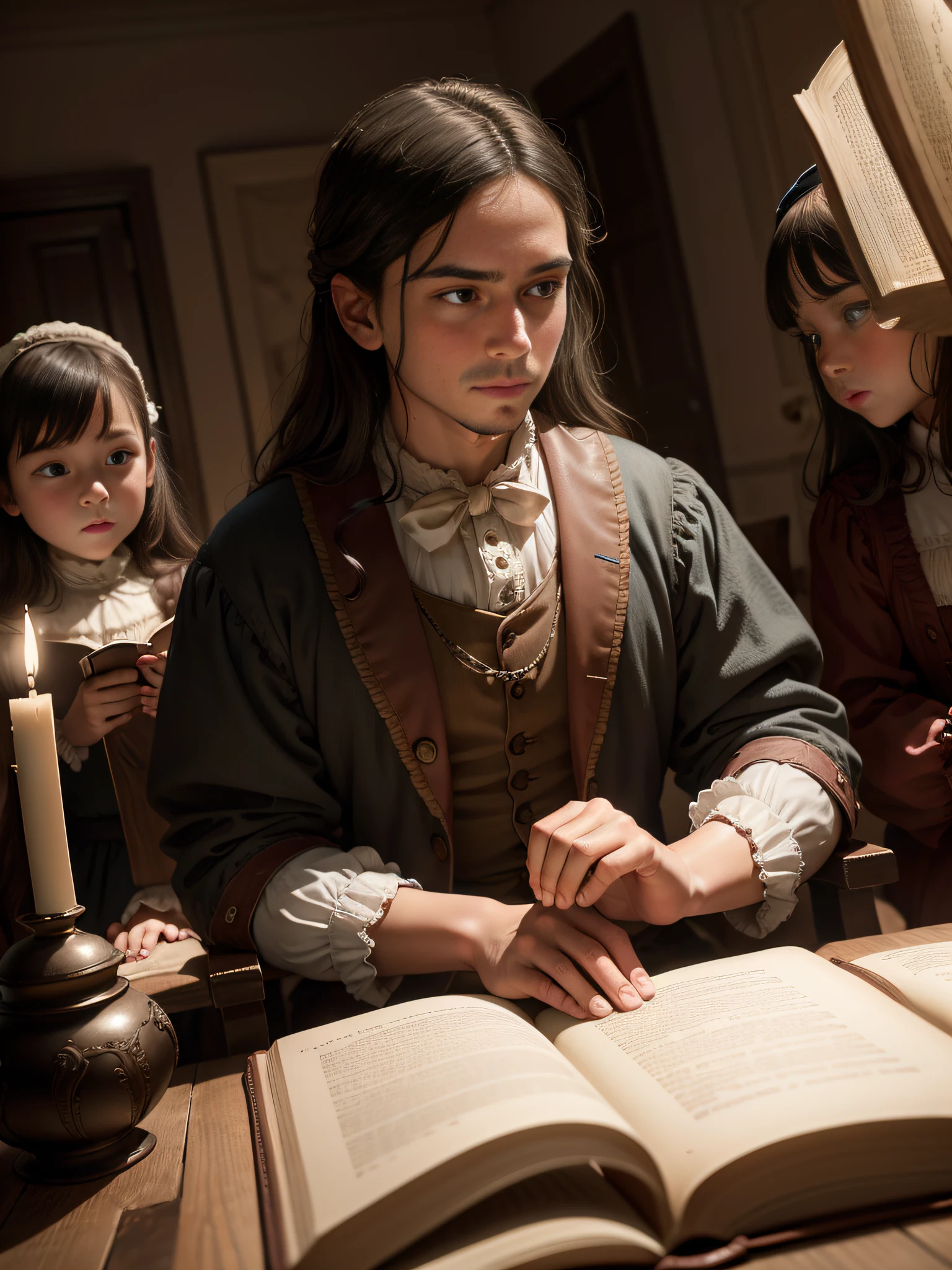 A family engrossed in reading the Bible, comprising of a father, mother, and kids, capturing the essence of an 18th century household. Award-winning photo with intricate details, boasting high resolution, clarity, and excellent lighting.