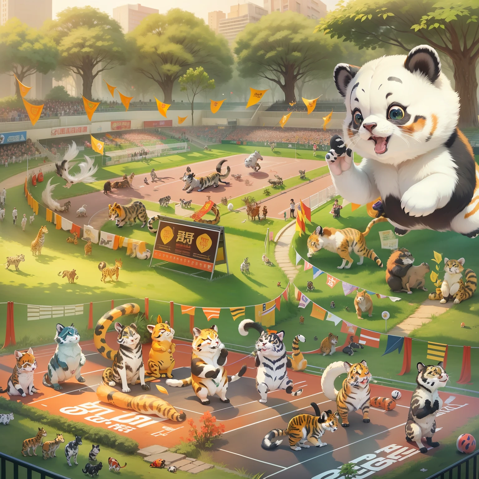 critters,Games,Chengdu Universiade,Cheer for the critters,gym,The audience is all small animals,Animals racing,athletics,There are cats、Doggy、hamster、squirrels、serpent、lizard、giraffes、sika deer、Seven-star ladybug、pandas、giant panda、Red panda、Leopard、South China tiger these animals,These critters compete on the same stage,Run on the track,Some animals run、Some animals fly、Some animals jump,Competitions are played sequentially in the gymnasium,Good order,You chase me