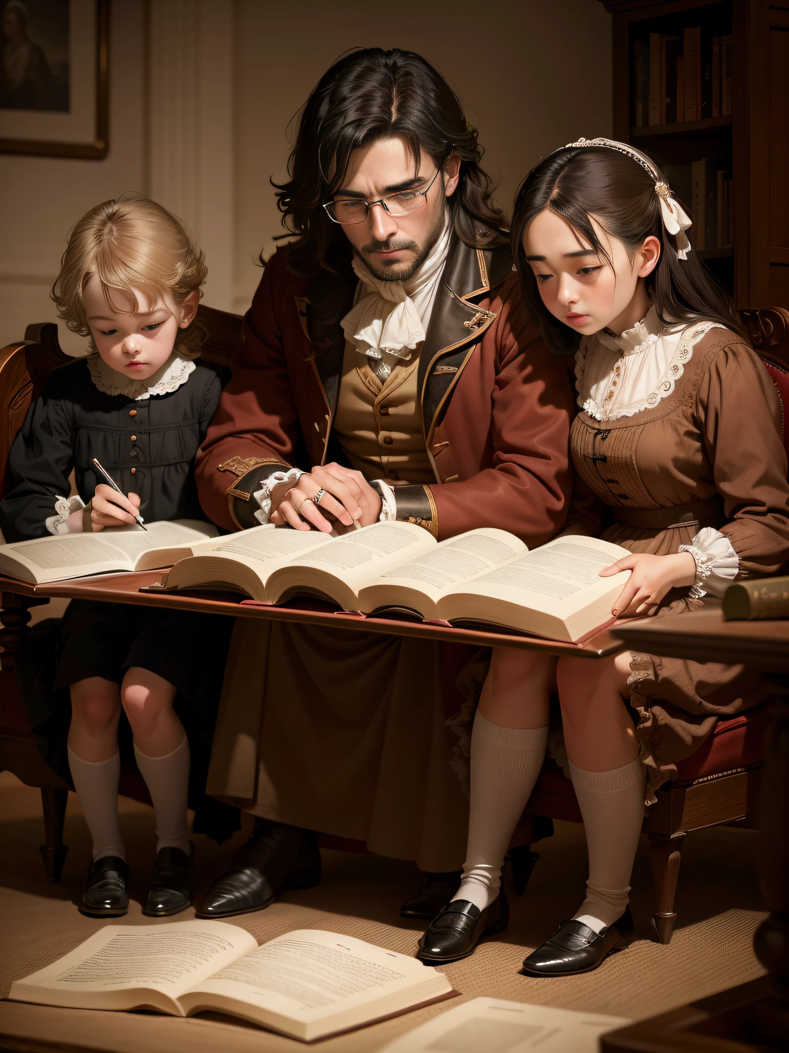 A family engrossed in reading the Bible, comprising of a father, mother, and kids, capturing the essence of an 18th century household. Award-winning photo with intricate details, boasting high resolution, clarity, and excellent lighting.