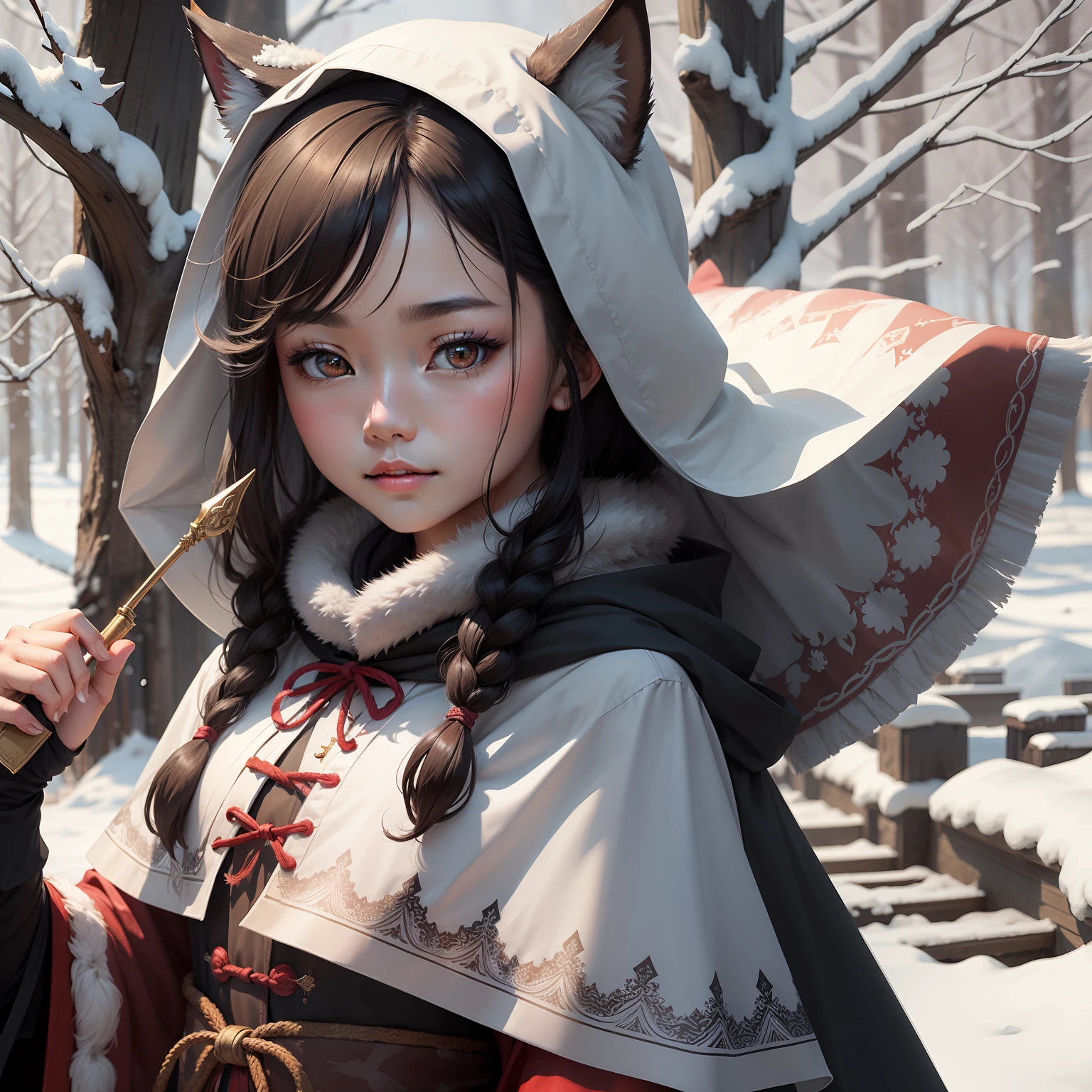 I saw this girl on canvas,She wears a shabby cloak,But as beautiful as a wolf in the snow。