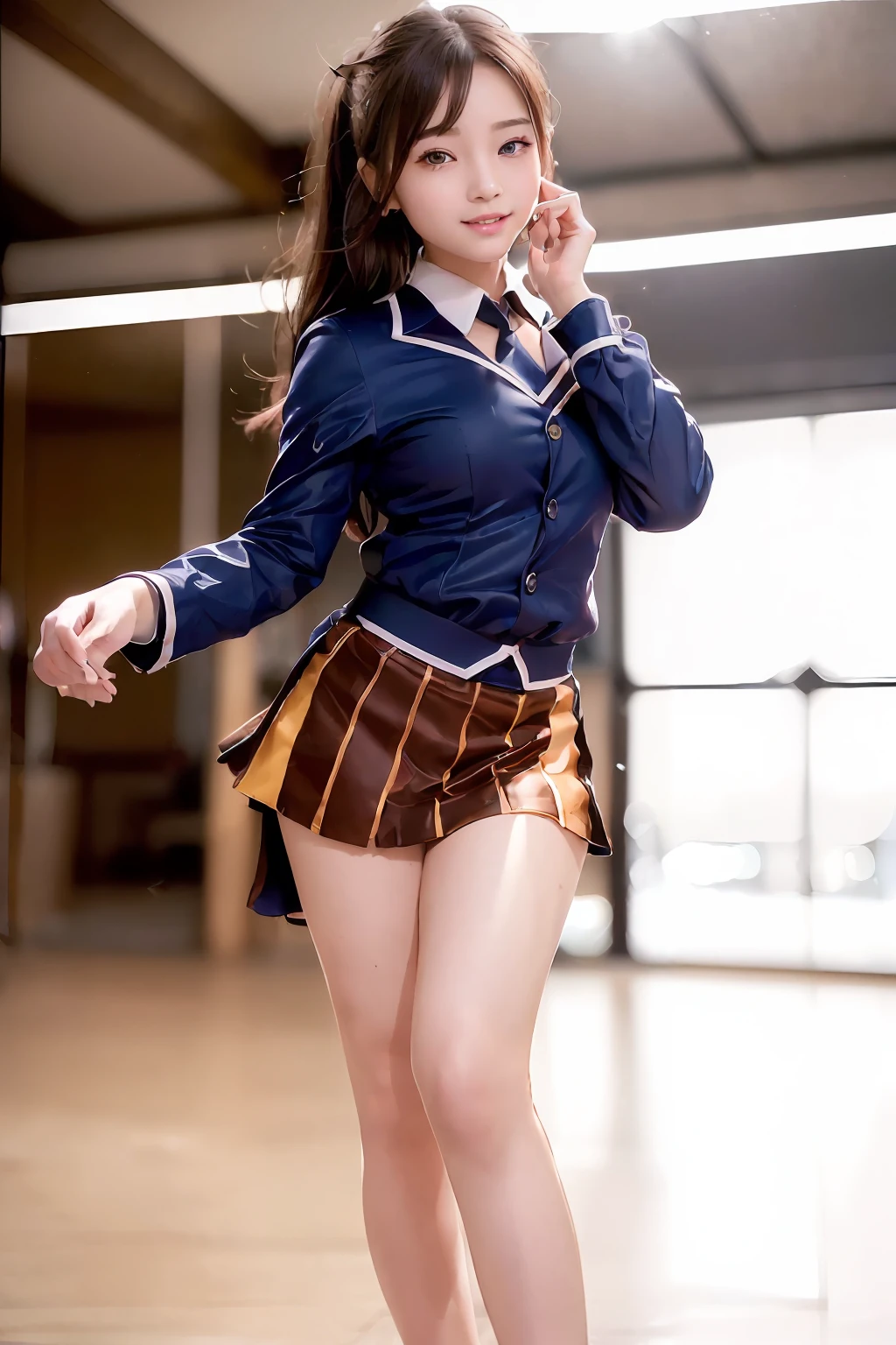 ((top-quality、in 8K、photographrealistic:1.4、​masterpiece))、Back lighting、highly detailed facial textures women、18year old、(((School Uniform 1.2)))、((Full body photo、)、super-detaild skin、beautiful make up、A detailed eye、A smile、open open mouth、Glossy brown messy short hairstyle、