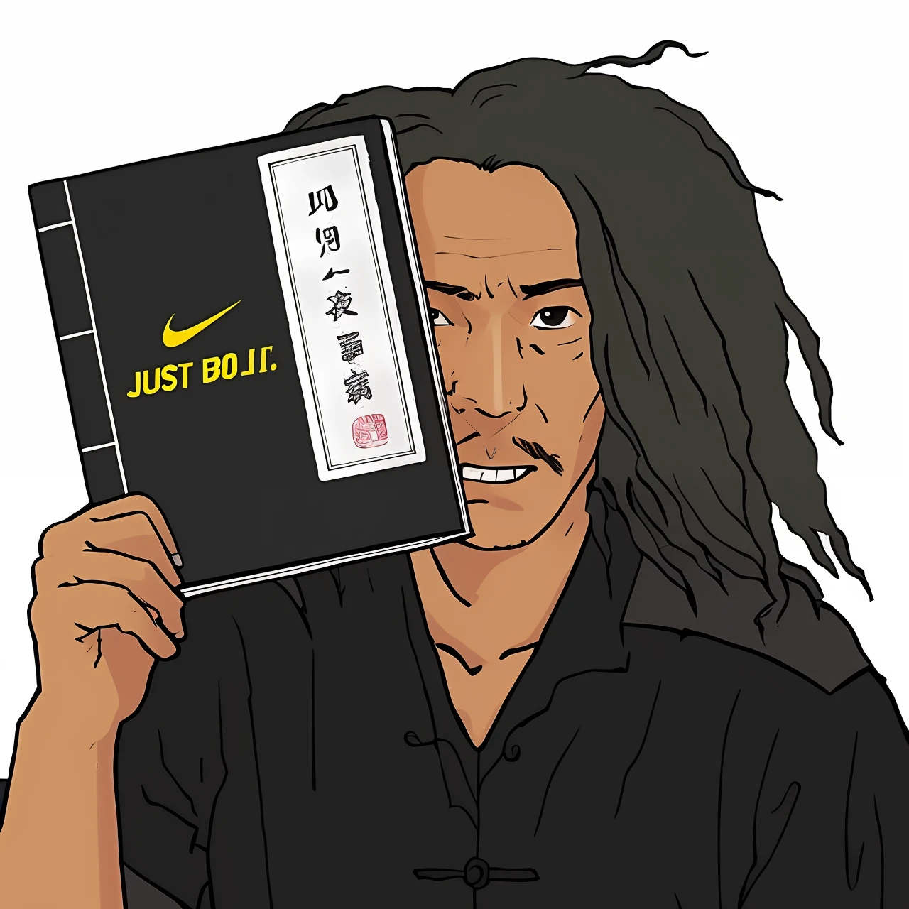 A man holds a comic book of books,There is a picture of himself on it, steve jobs as hokage, mike judge art style, inspired by Taiyō Matsumoto, Inspired by Ryūkōsai Jokei, inspired by Eishōsai Chōki, he is holding a large book, mudoken, inspired by Kanō Sansetsu
