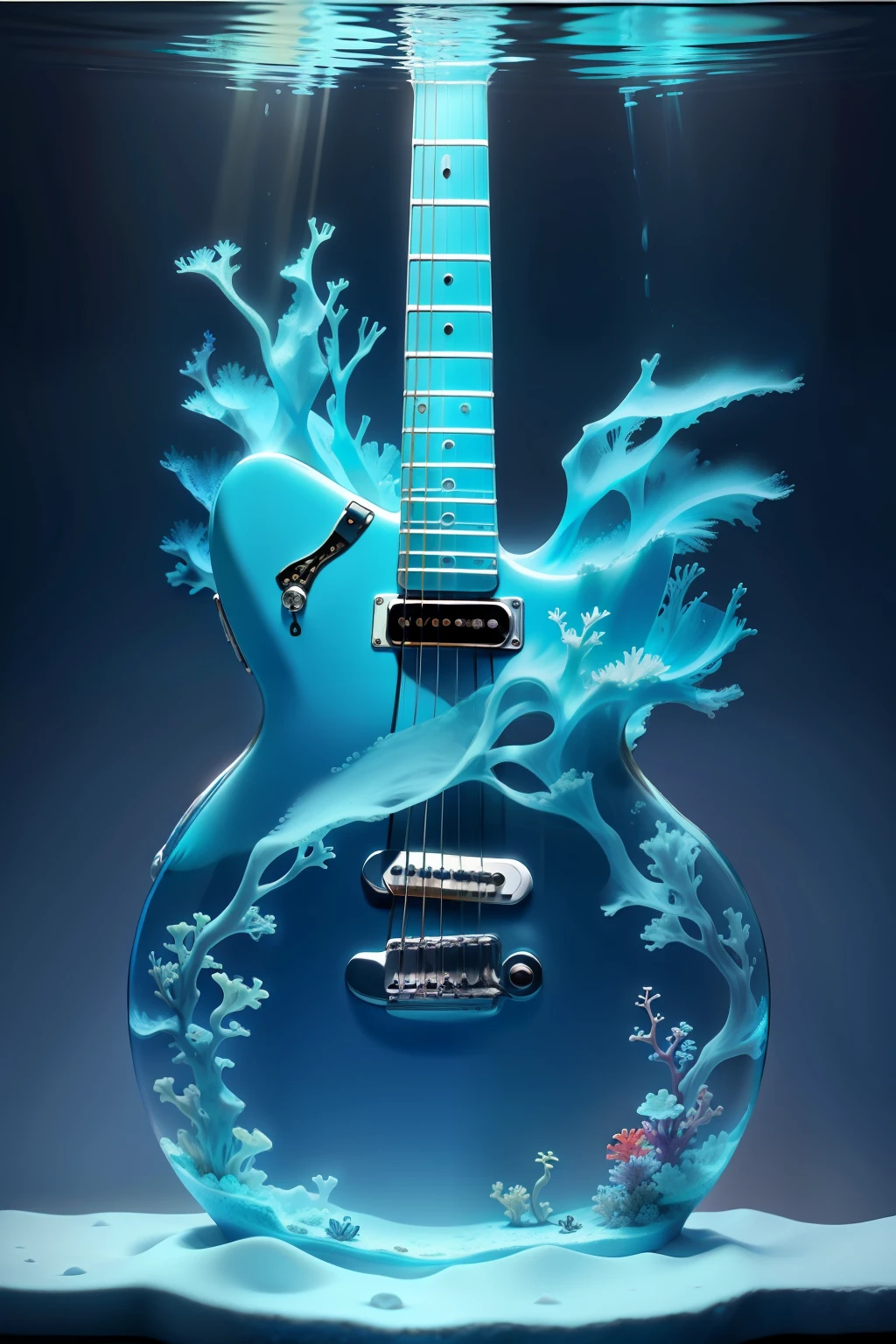 Ultra HD Vivid colors masterpiece ultra cinematic resolution.
The color guitar is the centerpiece of this digital image. She's frozen inside a transparent glass aquarium, with a thin layer of ice covering the entire surface of the guitar. The guitar strings are delicately intertwined with corals and algae that grow on the sides and bottom of the aquarium, forming a vibrant underwater backdrop.
The aquarium is illuminated by a soft blue light that reflects off the ice and walls of the aquarium, creating a dazzling effect. Several colorful fish swim around the guitar, admiring the beauty of the scene.
The detail of the image is incredible, with each guitar string detailed to perfection and the freezing effect of the colors is stunning. The resolution of the image is 16k, allowing you to visualize every detail with stunning clarity.