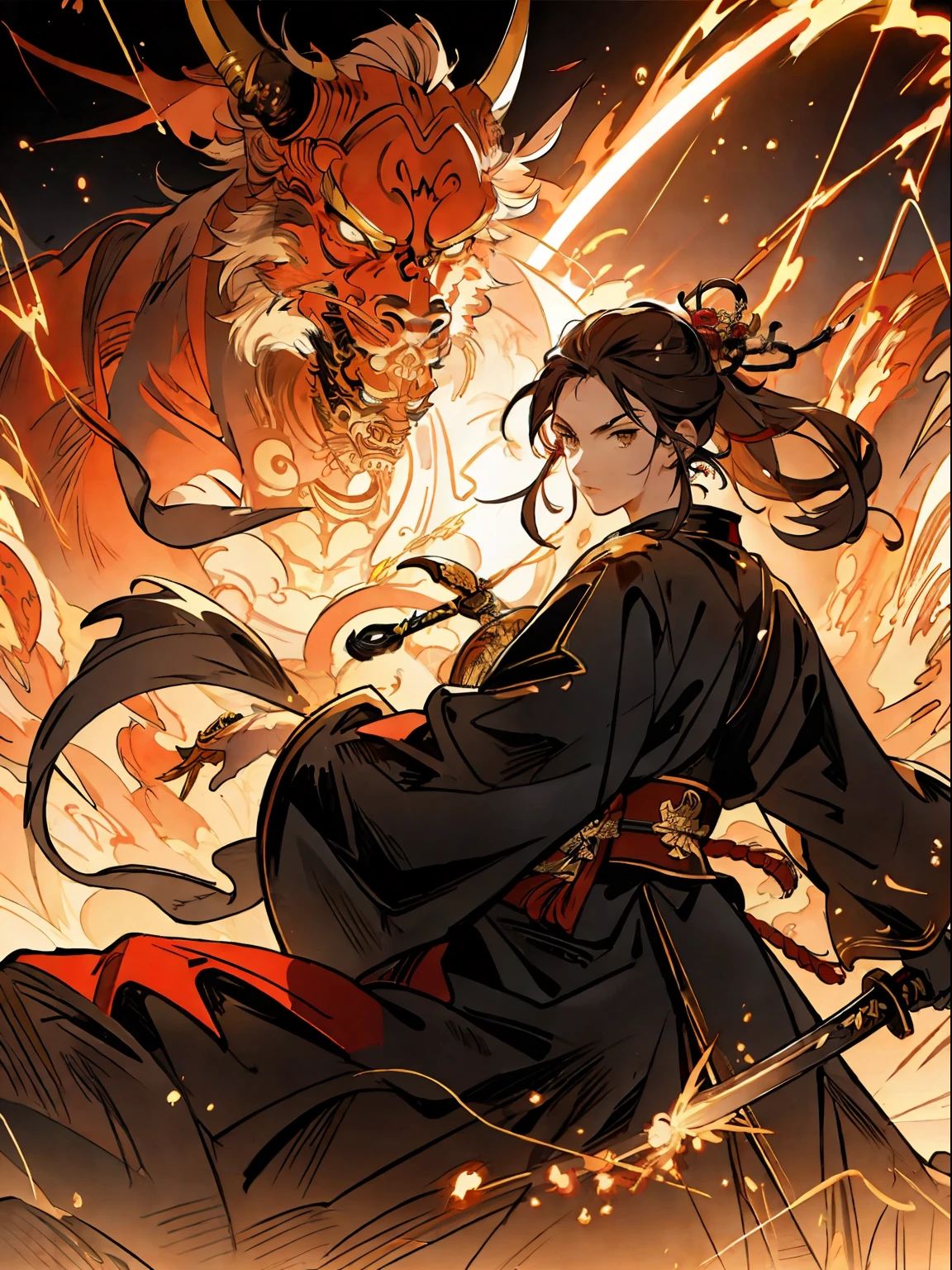 （Need），Background of details，Oriental nobility，woman samurai，Fighting arts，Holding a halberd，Ghosts，Legion of Monsters，.Lightning surged around them，Surrounded by lightning particles