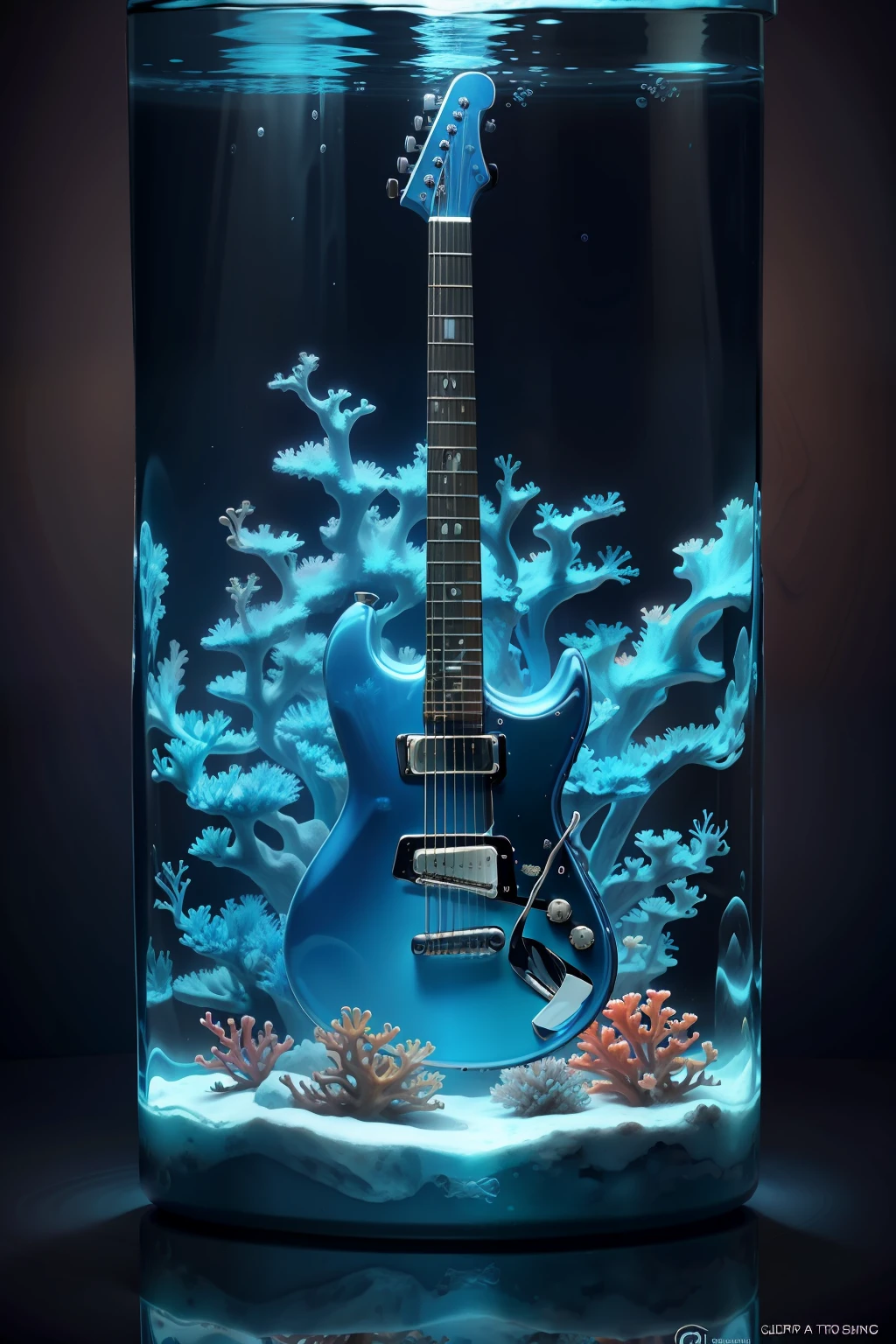 Ultra HD Vivid colors masterpiece ultra cinematic resolution.
The color guitar is the centerpiece of this digital image. She's frozen inside a transparent glass aquarium, with a thin layer of ice covering the entire surface of the guitar. The guitar strings are delicately intertwined with corals and algae that grow on the sides and bottom of the aquarium, forming a vibrant underwater backdrop.
The aquarium is illuminated by a soft blue light that reflects off the ice and walls of the aquarium, creating a dazzling effect. Several colorful fish swim around the guitar, admiring the beauty of the scene.
The detail of the image is incredible, with each guitar string detailed to perfection and the freezing effect of the colors is stunning. The resolution of the image is 16k, allowing you to visualize every detail with stunning clarity.