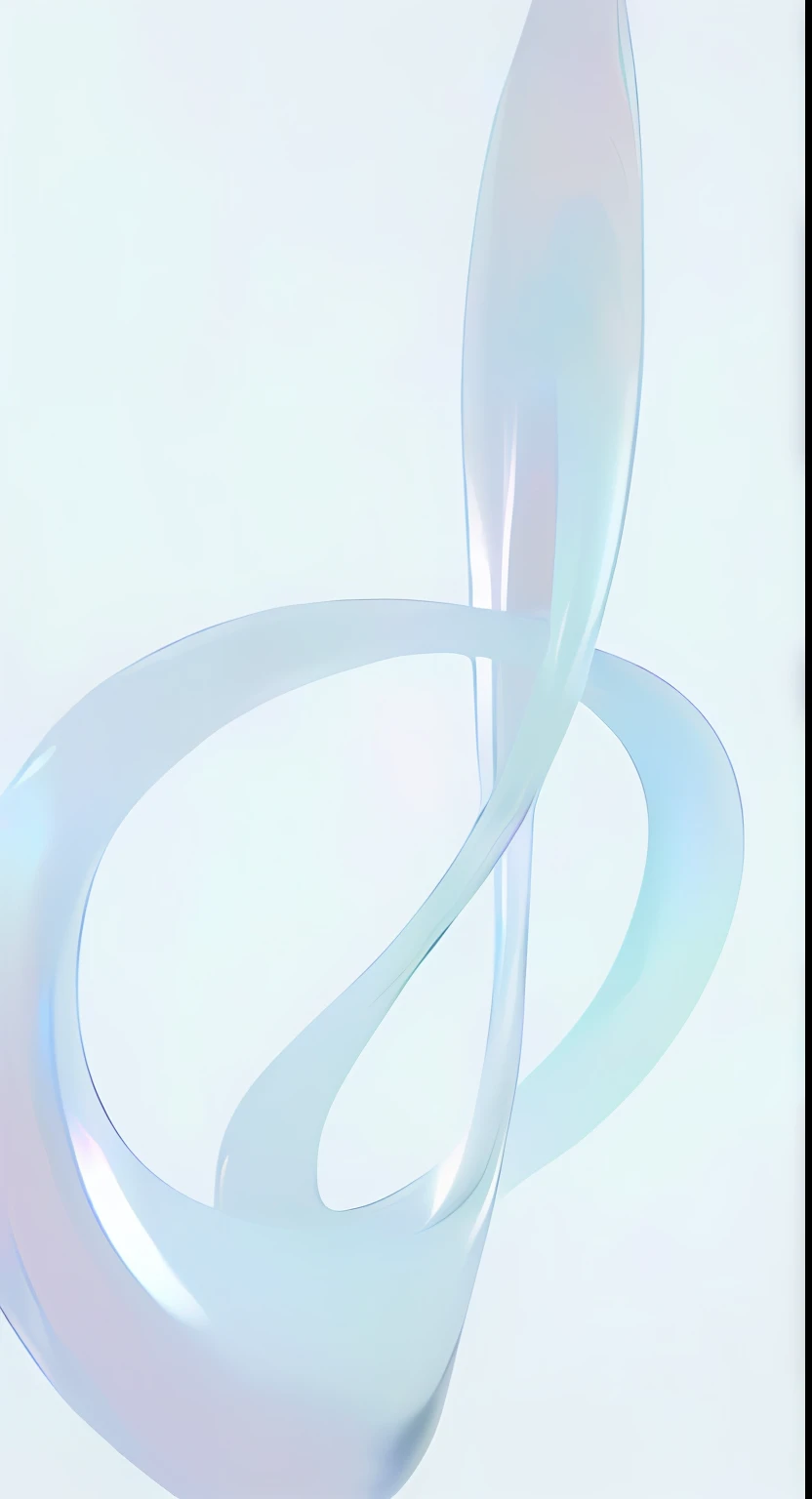 On the white surface there is a glass sculpture of a curved object, iridescent tubes, Mobius ring, milkyW, a still of an ethereal, interacte smooth flowing lines, abstract white fluid, promo art, glasssculpture, soft blue light, ethereal eel, beautiful opalescent colours, iridescent glass, ethereal abstract, Infinite time loop