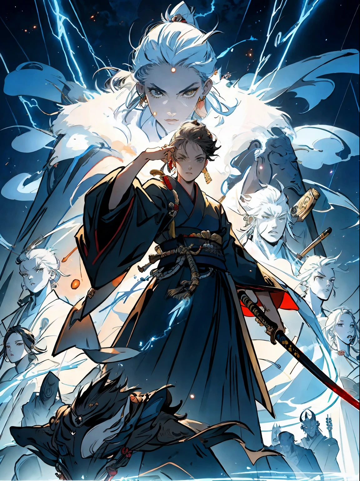 (Need),Background of details,Oriental nobility,woman samurai,Fighting arts,Holding a halberd,Ghosts,Legion of Monsters,.Lightning surged around them,Surrounded by lightning particles