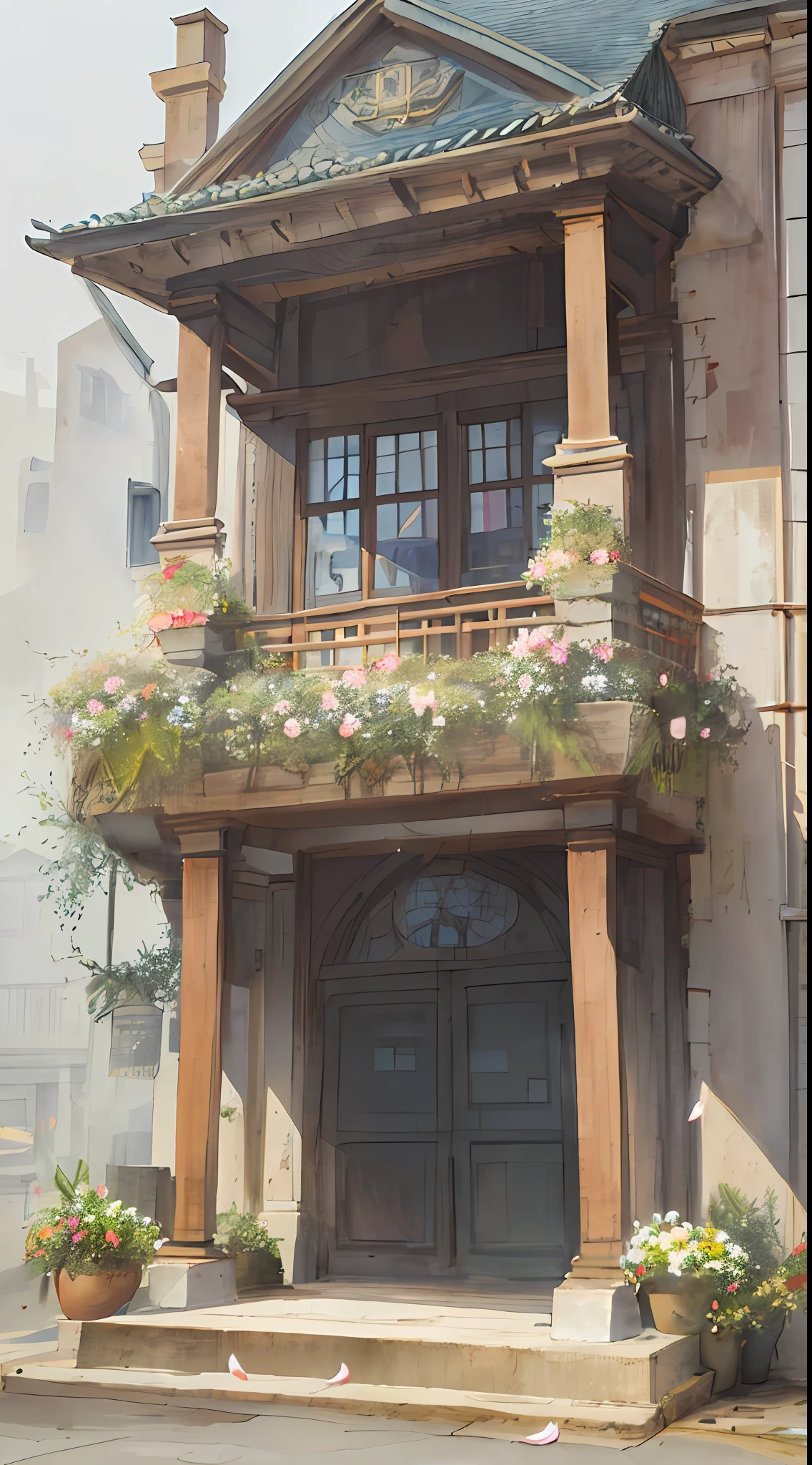 Miao Bi Sheng Hoa, [(White background: 1.5)::5], Sherlock Holmes, mid-shot, full body, butterfly, flower, floating petals, stone fragments, beautiful detailed water, clouds, sun, dusk, sunset, beautiful detailed gate,