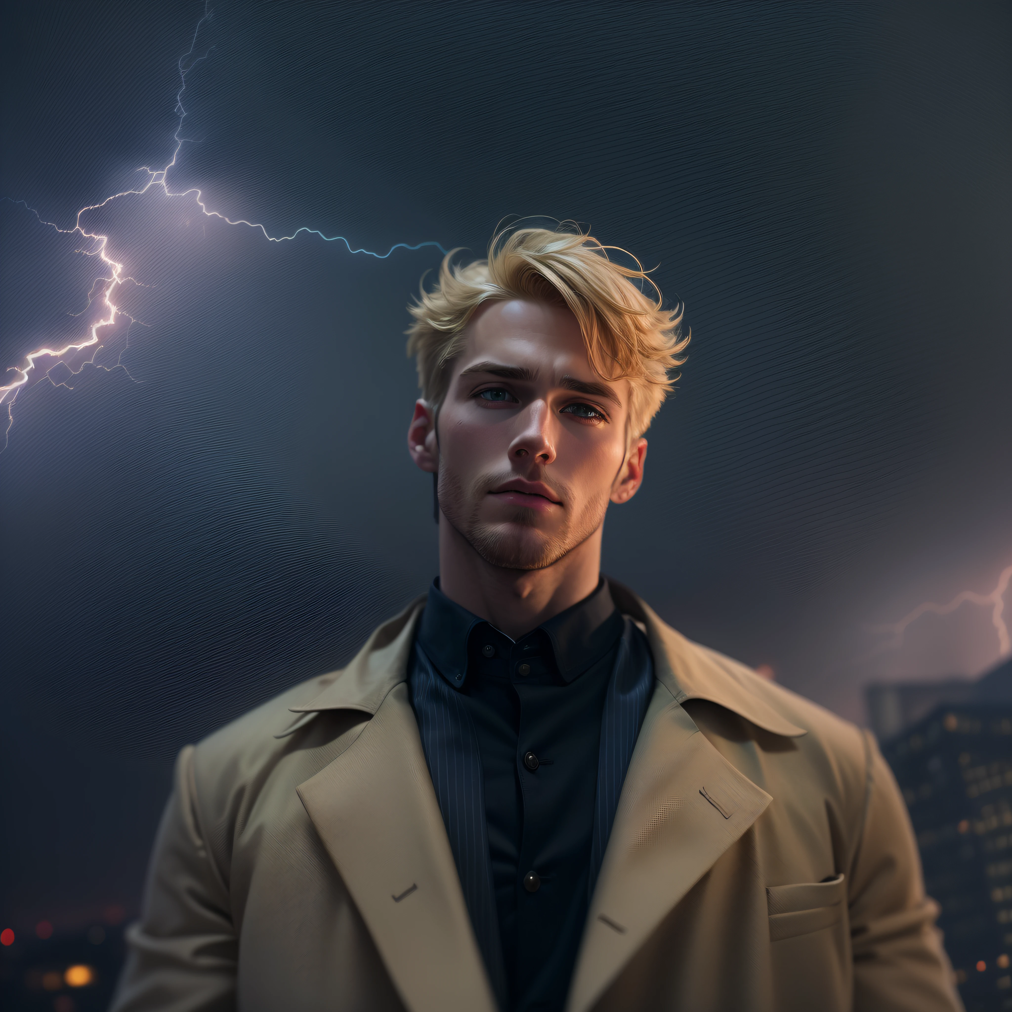 Best Quality, Masterpiece, Ultra High Resolution, (Fidelity: 1.4), Photos, 1 Handsome short blonde Hair (((American Man)))), Dim, Darkness, Lightning, Pathese, Movie, ((Man)), (casual Clothes: 1.5), (suit Clothes: 1.4) Saving Yourself, Biting Lower Lip, wide Shoulders, blonde Hair, (((Man)))