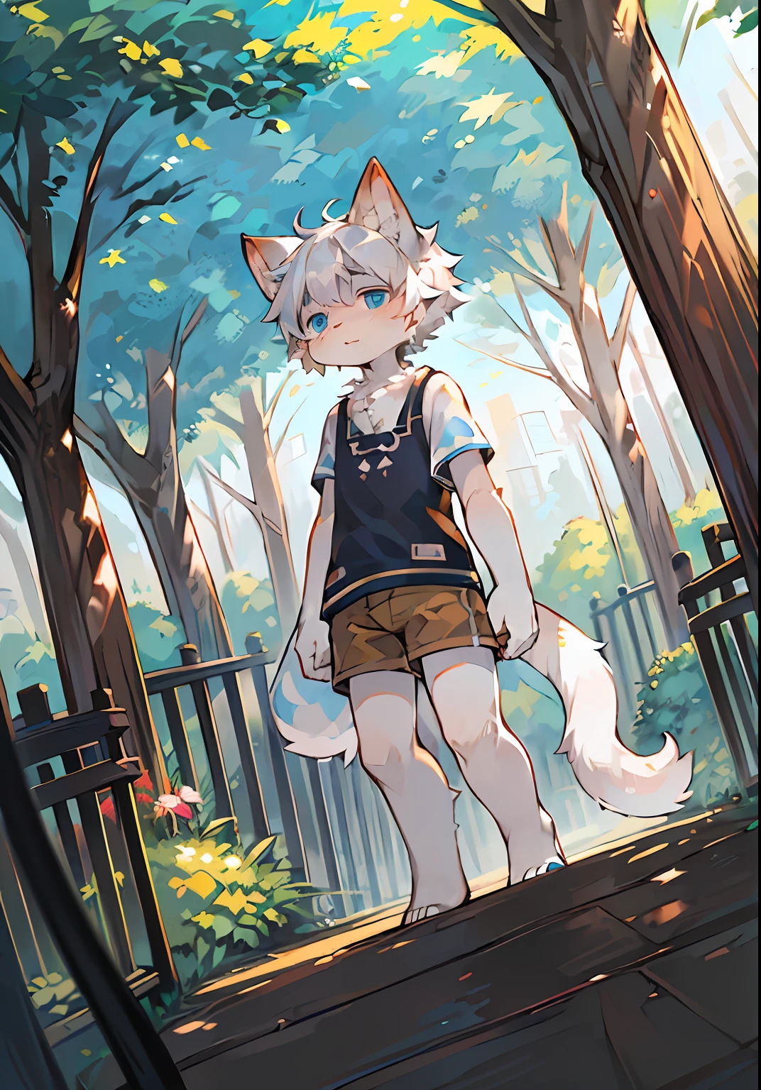 masterpiece,high quality,abstract res,digital painting\(artwork\), by dagasi, yupa,kiyosan,(anthro,fluffy fur,character focus:1.1),anthro male cat,short hair,portrait , eyes with brightness, in a panoramic view, Character focus.(detailedbackground:0.7), 独奏, shaggy, shaggy male, malefocus, anthr,(Full Body Furry, Fluffy tail, White fur, blue color eyes, Silvery-white hair:1.2), (felid、white short sleeve:1.2),(external、mid day、Uninhabited park:1.1)