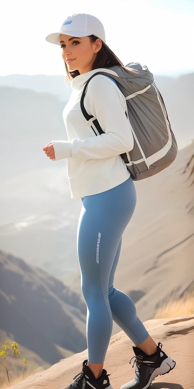 Araffe wearing a white sweater and blue leggings and a hat, roupas de caminhada, usando equipamento de fitness, com uma mochila, athletic fashion photography, white shorts and hiking boots, usando equipamento de aventura, usando equipamento de aventura, usando roupas sujas de viagem, que caminha na montanha, wearing white tights, meninarma, usando roupas simples e apertadas, girl walking in a canyon, Leggings brancas