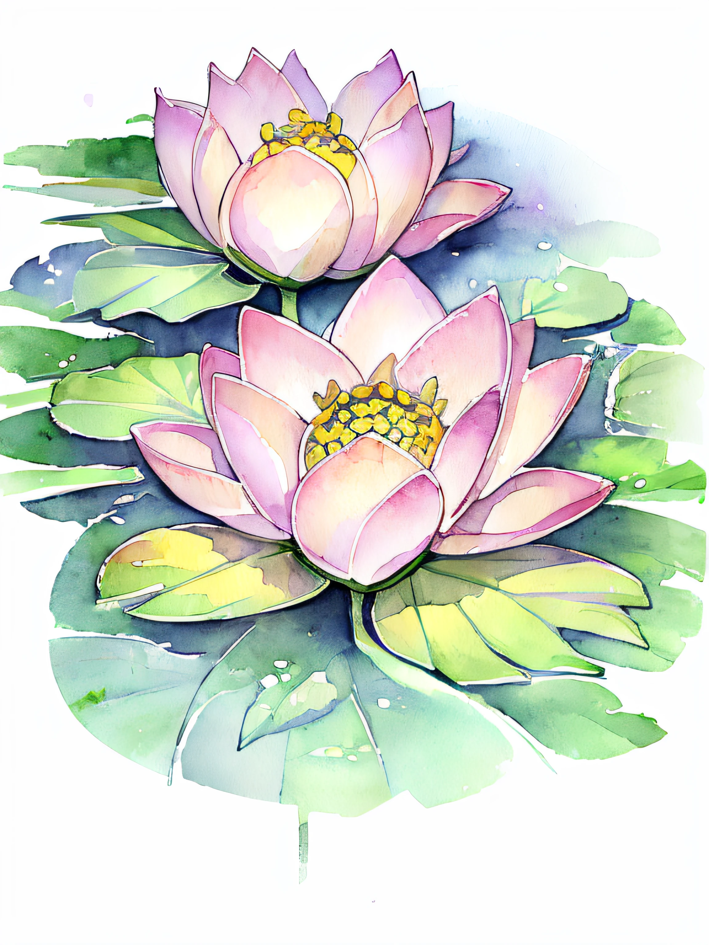 top view lotus flowers on the water surface, highly detailed render, concept art, depth of field, bokeh, octane render, sunny mystical atmosphere Elemental flowers, 32k, watercolor