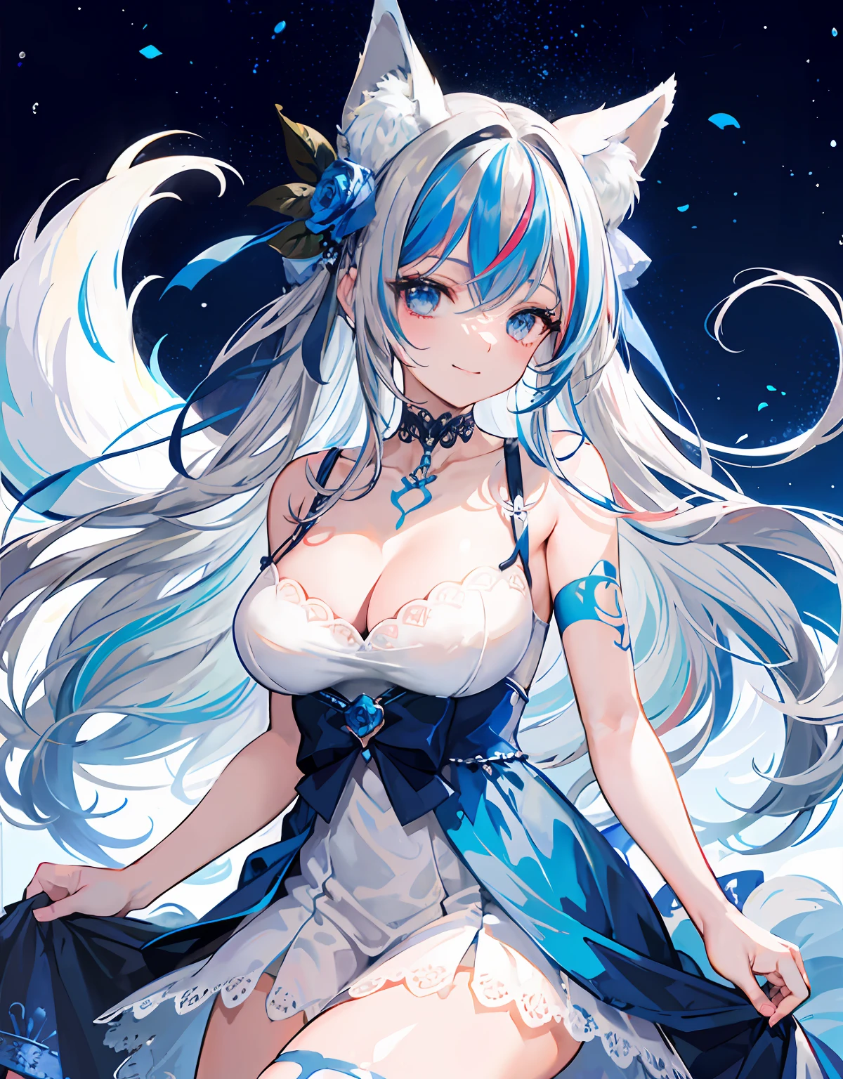 good anatomy, (1girl), solo, light smile, fox ears, tatoo, blue wedding dress, blue lace choker, blue rose hair accessories, hair between eyes, ((streaked hair, silver long hair)), (large breasts)