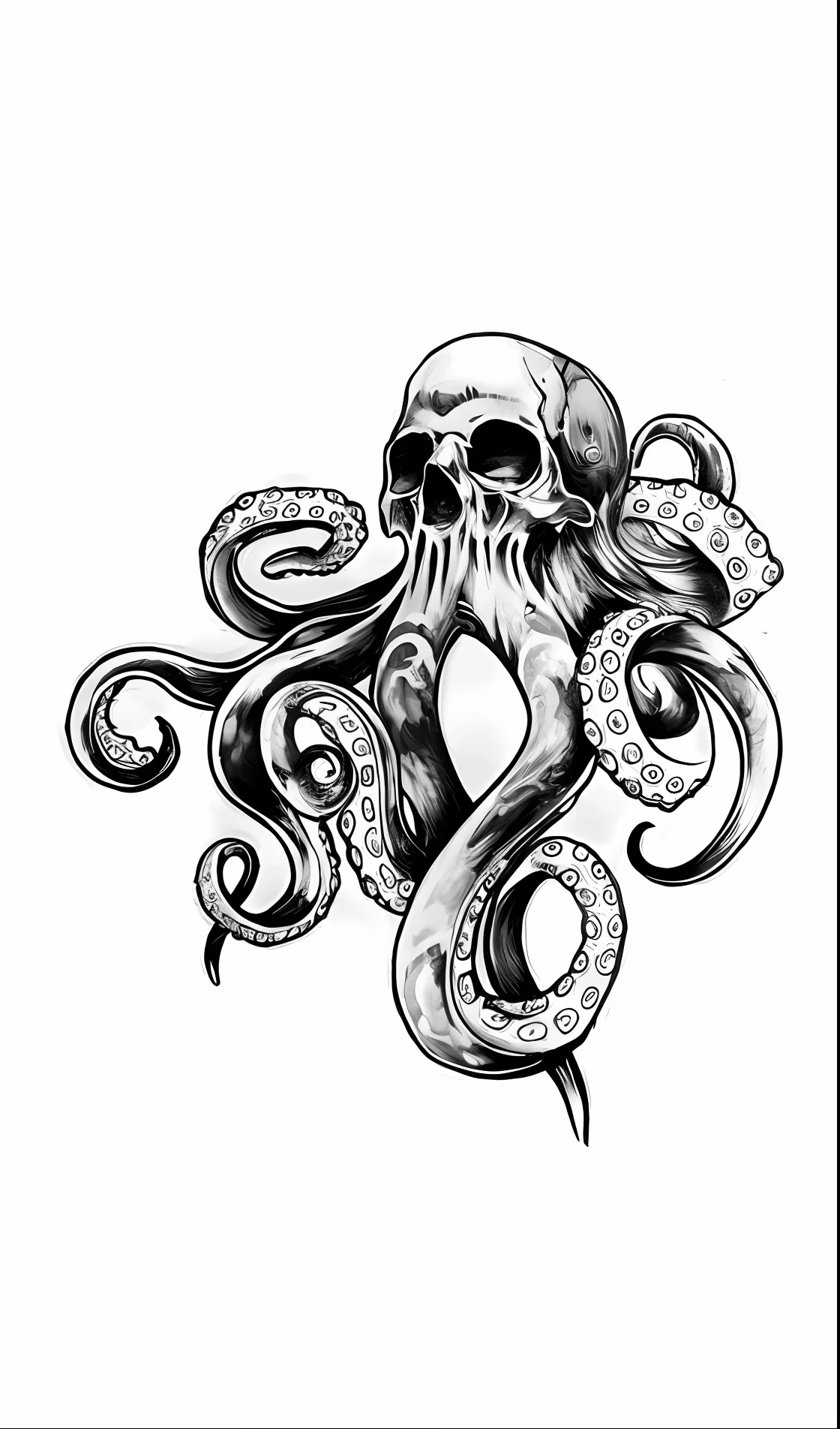 a black and white drawing of a skull with tentacles, com uma tatuagem de lula, with a tentacle tattoo, Lula de Cthulhu, with a squid tattoo on his arms, tattoo sketches, medium sized tattoo sketch, Tattoo sketch of a sea, tattoo design sketch, leviathan cthulhu squid, polvo, by Roberto Parada, Tentacles and bones, logotipo 4k, rosa e azul