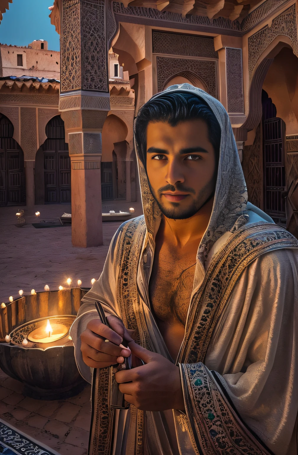 (Portrait of Moroccan guy), muscles, dimples, steamy, tearing off shirt, ripped holy jeans, sexy, alluring, gorgeous eyes, pubic hair, big bulge, smiling, opalescent, Photoluminescence, fantasy, clear, Cinematic RAW photo, hyper real photo, ultrarealistic, dslr, soft lighting, high quality, reflections, photo, (sparkling) splashing rainbows, glistening, (iridescent), glimmering, sweaty body, dripping, (secret treasure in it), misty, mystical, enchanting, glittering, (masterpiece) (best quality) (detailed) (8k) (HDR) (cinematic lighting) (sharp focus) (intricate), many lights on rocks, dreamlike male, impressive fantasy man, bioluminescent, epic and stunning, magical environment, celestial, candles, romantic, veins, ((Ouarzazate in background)), (chefchaouen), 1 man, (((clear straight even bright eyes))), (((man has short hair))), flowing, glistening, kaftan, hoodie, riad fountain, glimmering, sweating, melting, shimmering, (masterpiece) (best quality) (detailed) (8k) (HDR) (wallpaper) (cinematic lighting) (sharp focus) (intricate), exotic lights, Moroccan candles, sunrays, ((riad pool in background)), Ouzoud waterfalls, sand, palm trees, opalescent, glowing desert flowers, Fujifilm XT3, photographed on a Kodak Retina II Sanyo Xacti VPC-CA6, 50mm lens, HDR, hyper-realistic, colorgraded