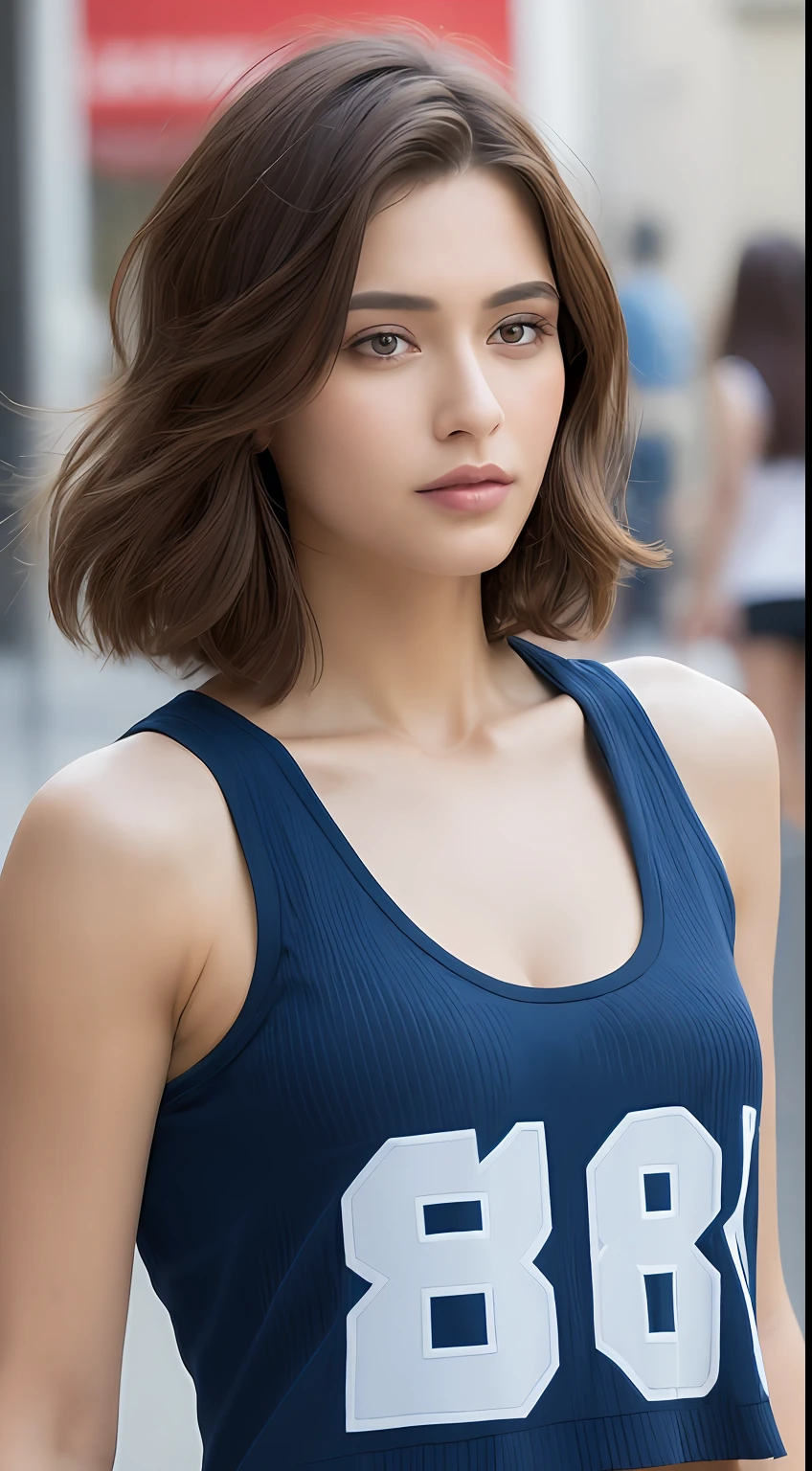 ((Best quality, 8k, Masterpiece :1.3)), Sharp focus:1.2, Perfect Body Beauty:1.4, Slim Abs:1.2, ((Layered hairstyle, Big breasts:1.2)), (Tank top shirt:1.1 ), (Street:1.2), Highly detailed face and skin texture, Fine eyes, Double eyelids, basketball jersey, holding a basketball,