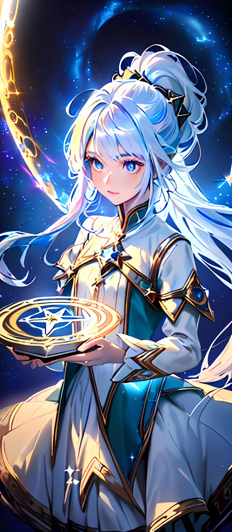 (Highest picture quality), Perfect face,(Master's work), (Ultra-detailed), 1girll,Solo ,mages,the wall,A magic book with light,((magical ***********)),((Magical Circle:1.2)),(White hair, Striped hair, Colored inner hair, Long hair,High ponytail), (ether colorful ink flowing:1.3), From below,(( Gorgeous starry sky background)),